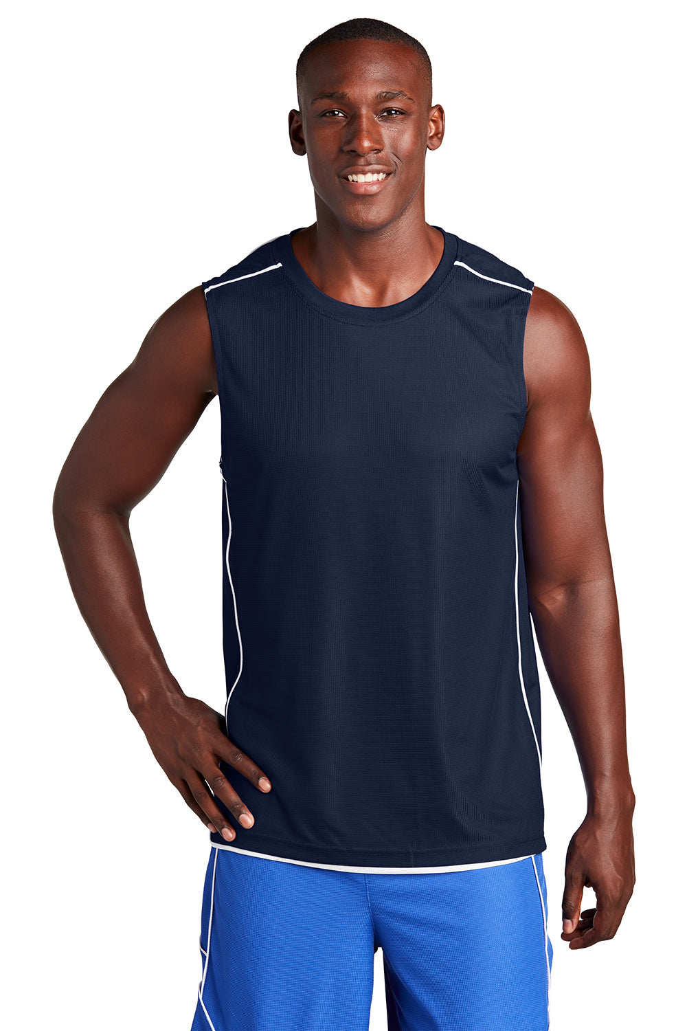 Sport-Tek T555 Mens Moisture Wicking Mesh Reversible Tank Top True Navy Blue Model Front