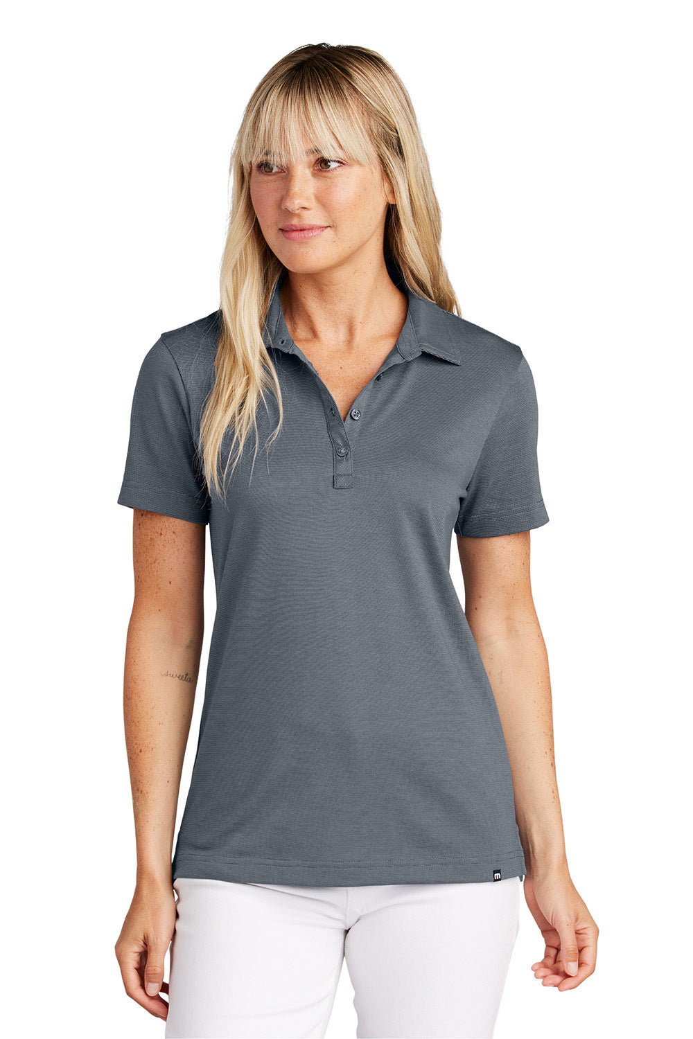 TravisMathew TM1LD005 Womens Sunnyvale Short Sleeve Polo Shirt Heather Night Blue Model Front