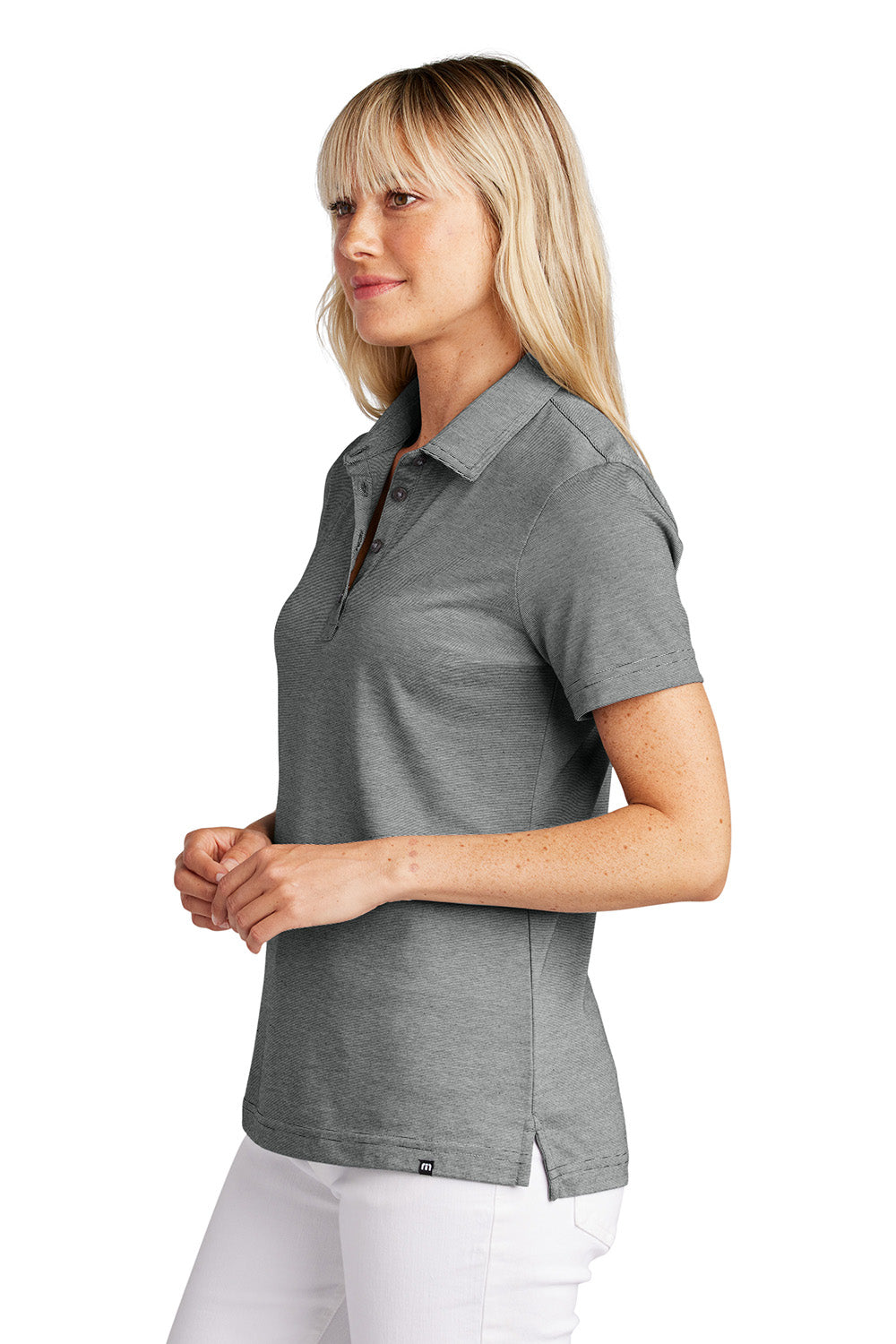 TravisMathew TM1LD005 Womens Sunnyvale Short Sleeve Polo Shirt Heather Dark Grey Model Side