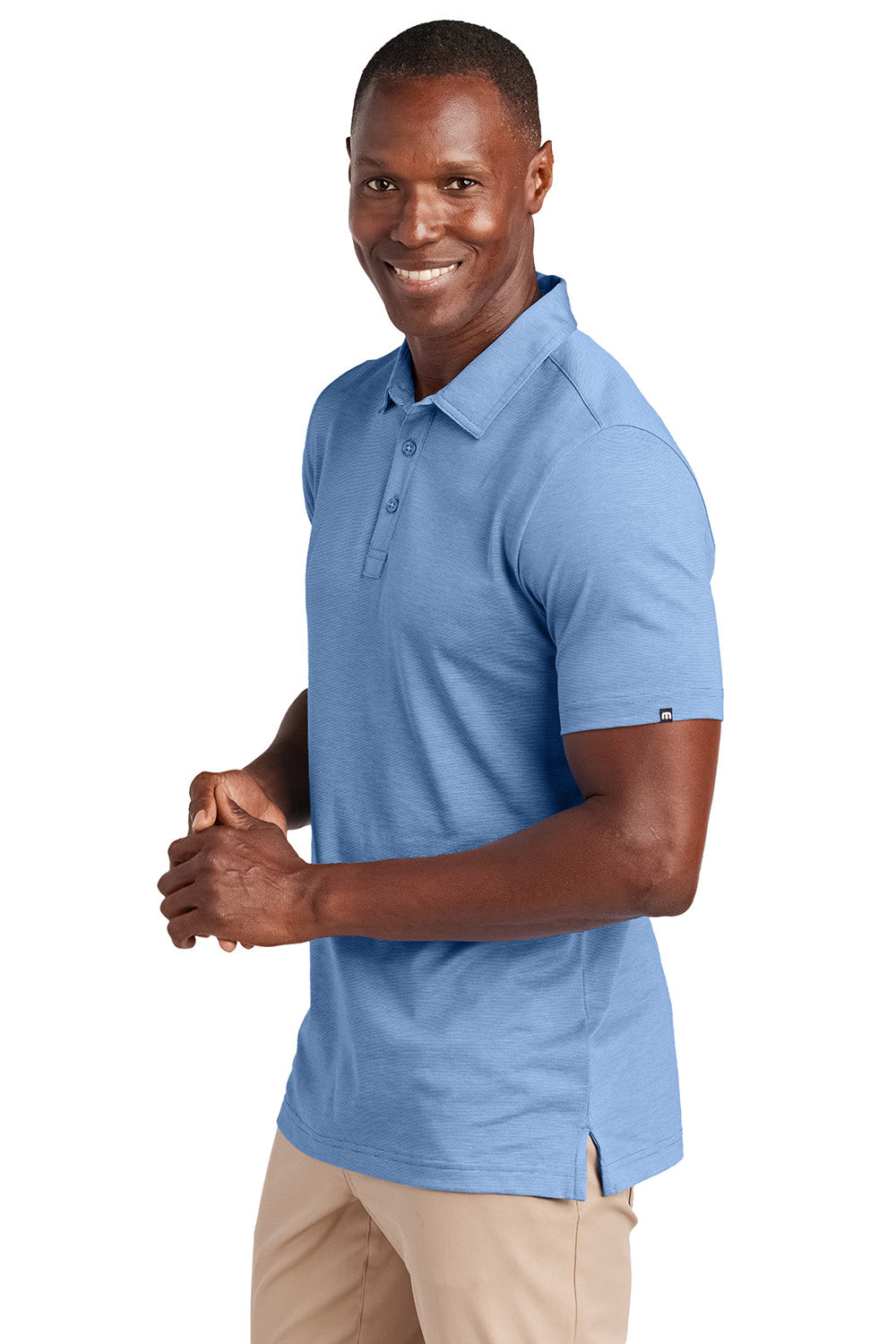 TravisMathew TM1MAA369 Mens Sunnyvale Short Sleeve Polo Shirt Heather Strong Blue Model Side