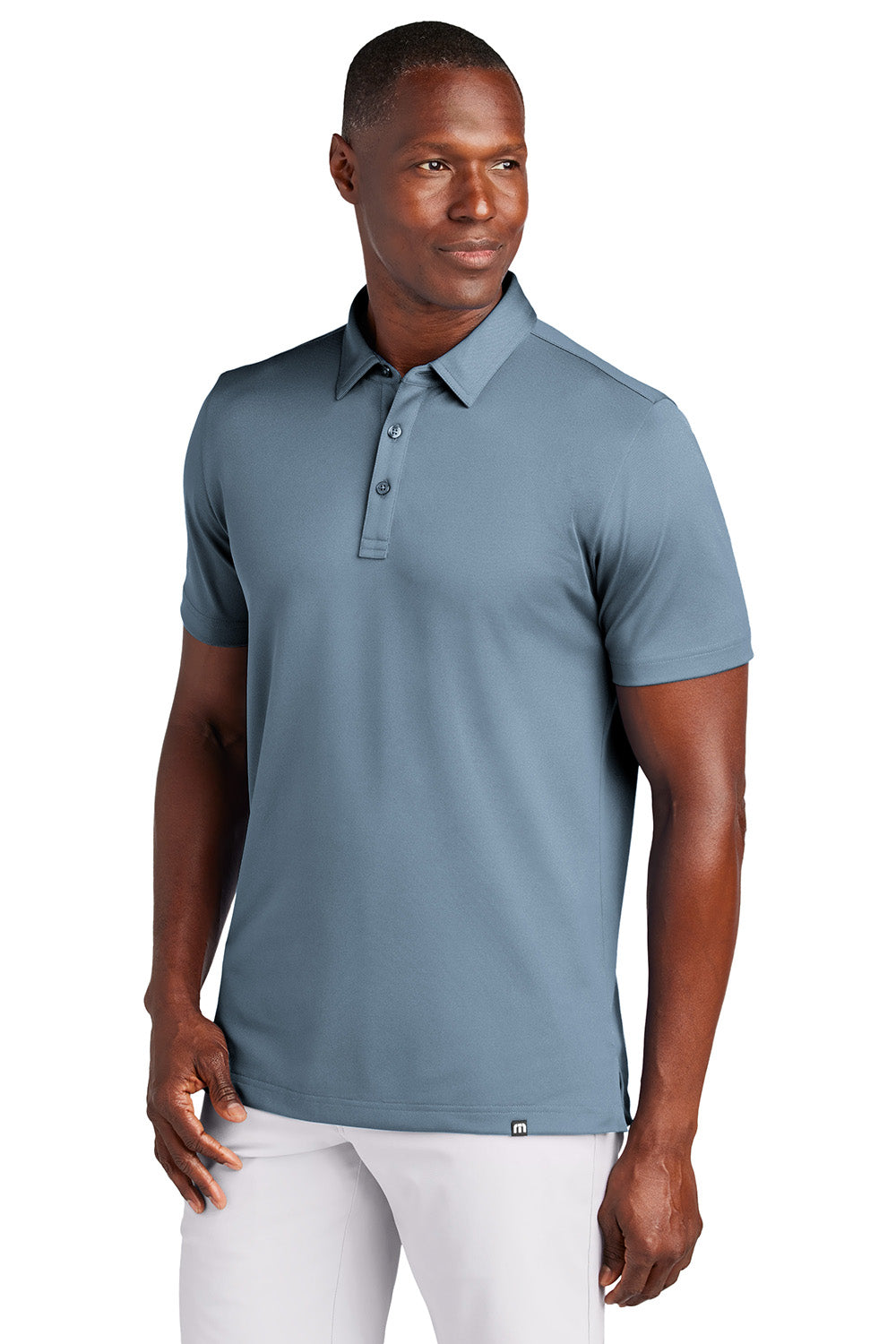 TravisMathew TM1MAA370 Mens Cabana Short Sleeve Polo Shirt Light Denim Blue Model Front