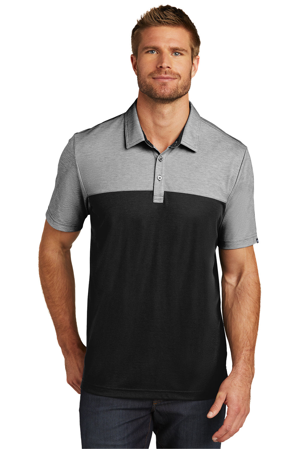 TravisMathew TM1MU414 Mens Oceanside Blocked Moisture Wicking Short Sleeve Polo Shirt Heather Black/Black Model Front