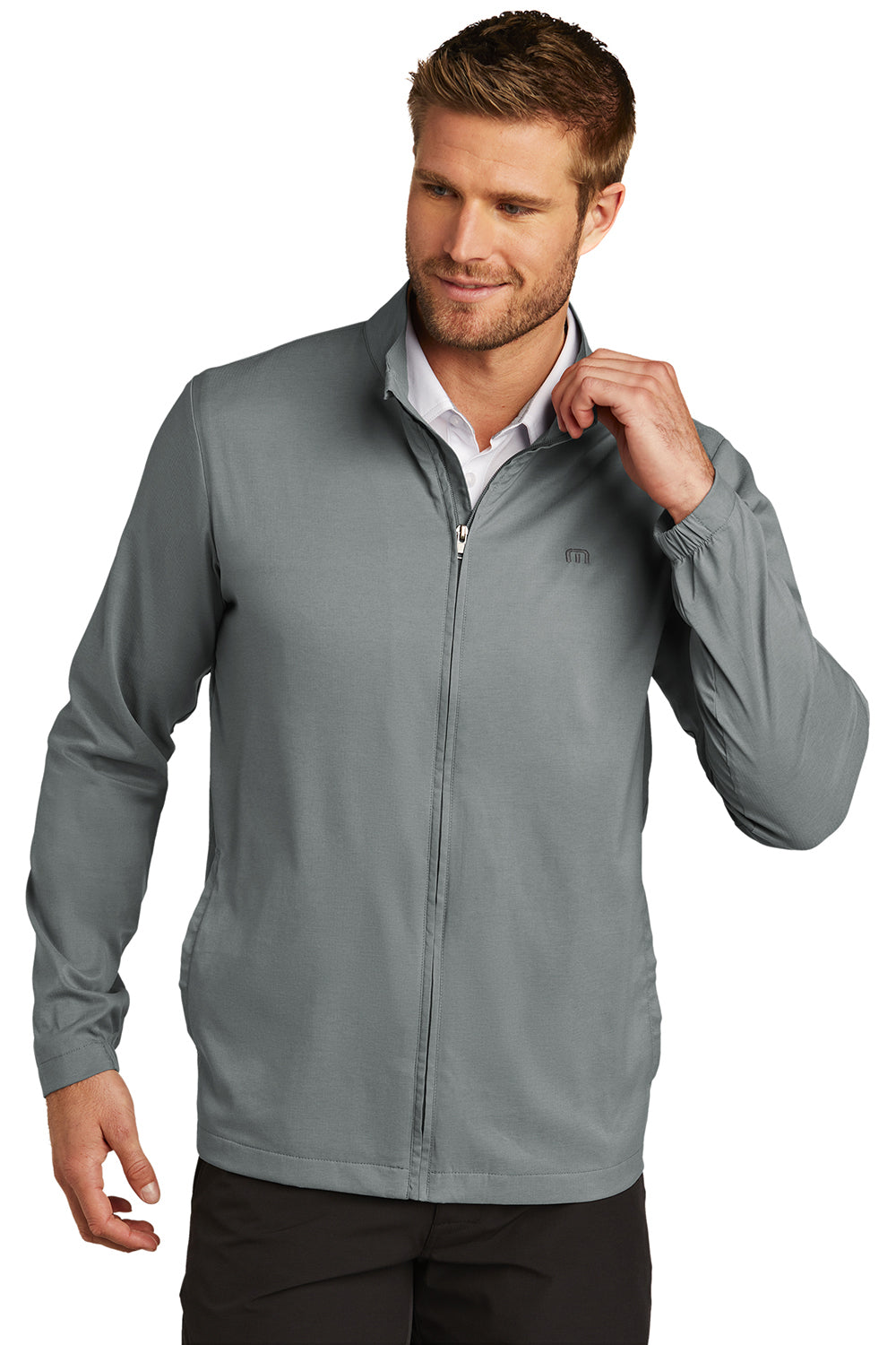 TravisMathew TM1MU422 Mens Surfside Full Zip Jacket Heather Quiet Shade Grey Model Front