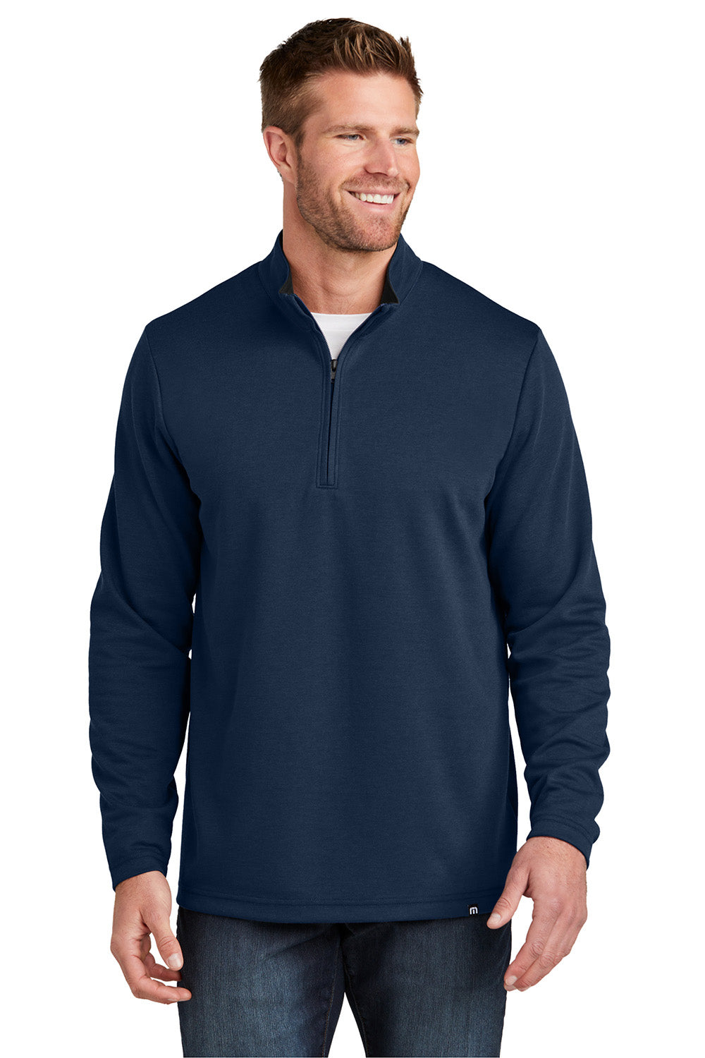 TravisMathew TM1MZ339 Mens Coveside 1/4 Zip Sweatshirt Night Blue Model Front