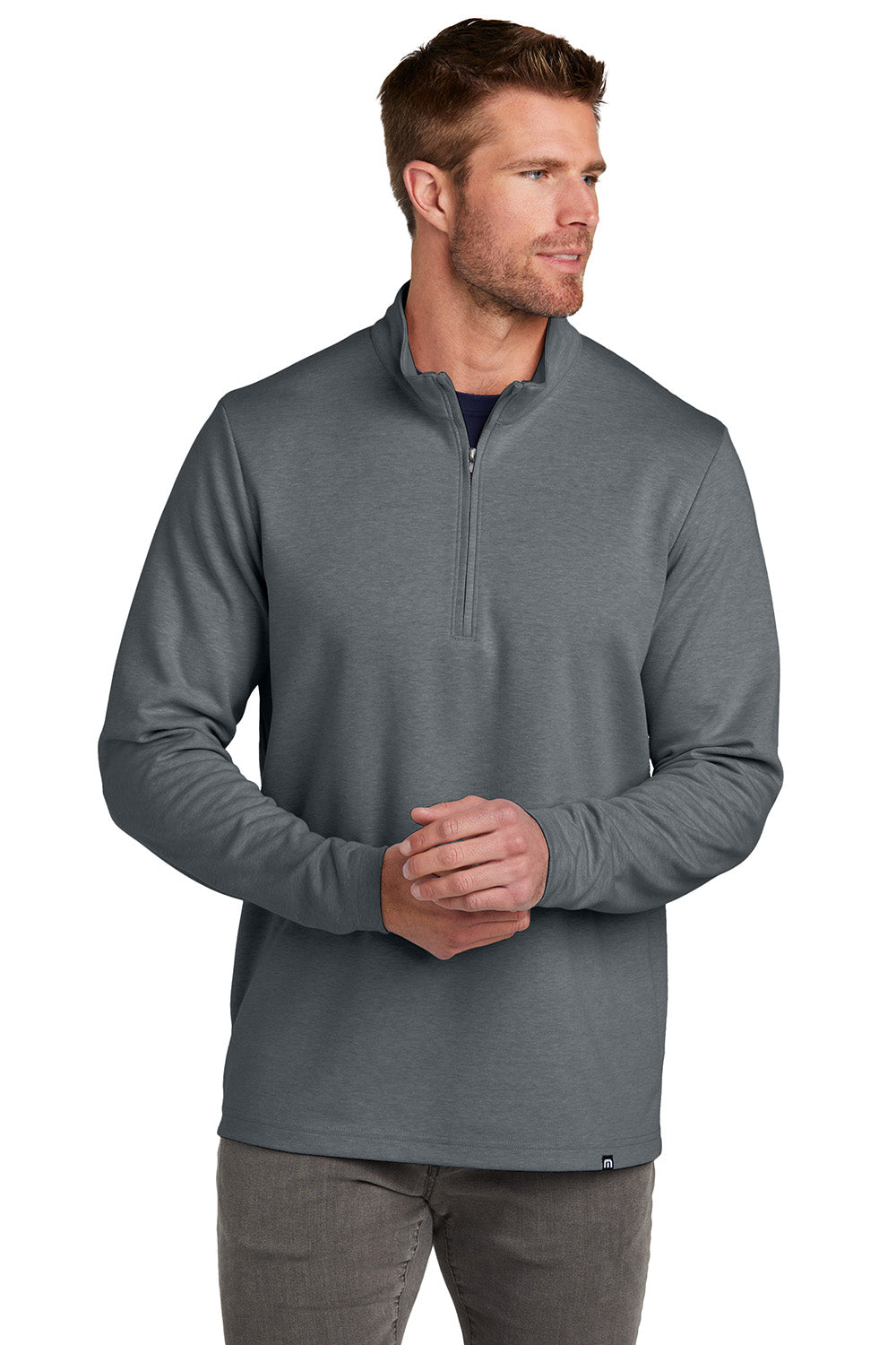 TravisMathew TM1MZ339 Mens Coveside 1/4 Zip Sweatshirt Heather Dark Grey Model Front