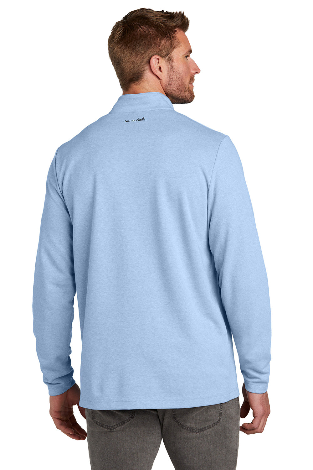 TravisMathew TM1MZ339 Mens Coveside 1/4 Zip Sweatshirt Heather Light Blue Model Back