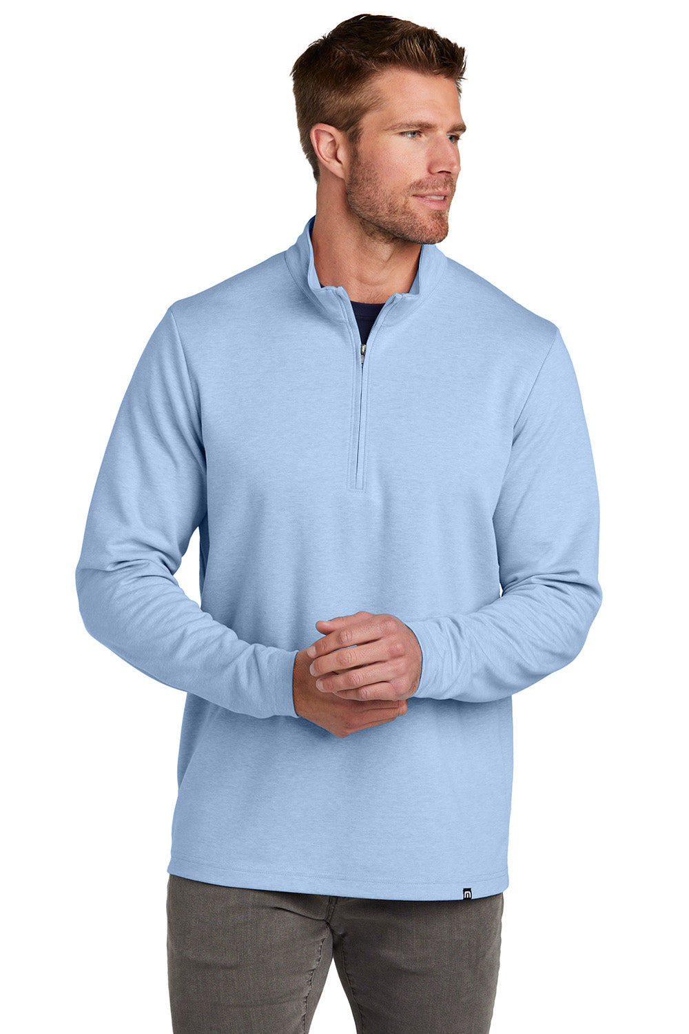 TravisMathew TM1MZ339 Mens Coveside 1/4 Zip Sweatshirt Heather Light Blue Model Front