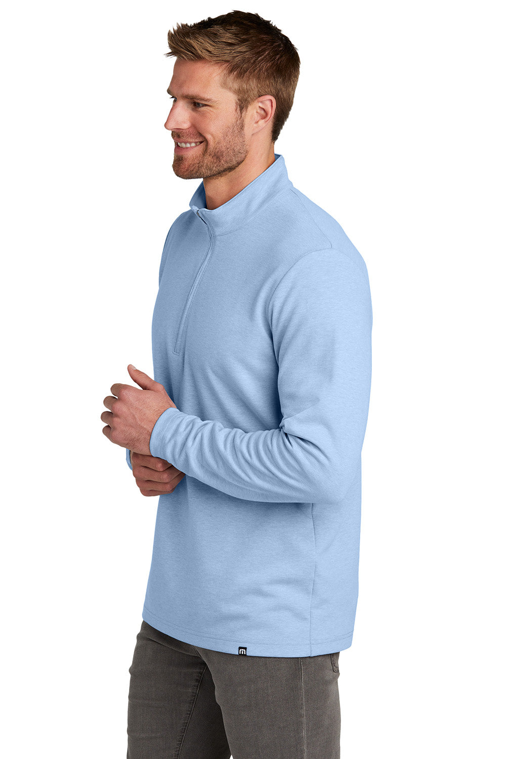 TravisMathew TM1MZ339 Mens Coveside 1/4 Zip Sweatshirt Heather Light Blue Model Side