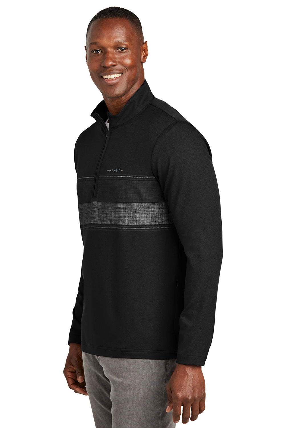 TravisMathew TM1MZ340 Mens Balboa Chest Stripe 1/4 Zip Sweatshirt Black Model Side