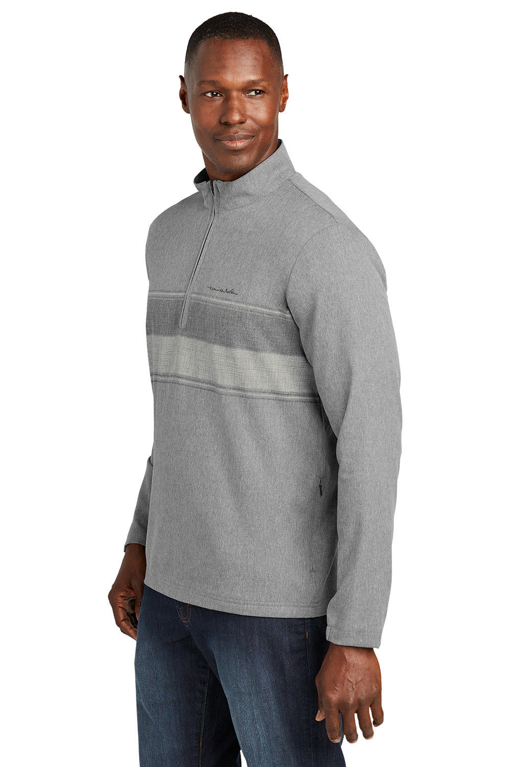 TravisMathew TM1MZ340 Mens Balboa Chest Stripe 1/4 Zip Sweatshirt Heather Dark Grey Model Side