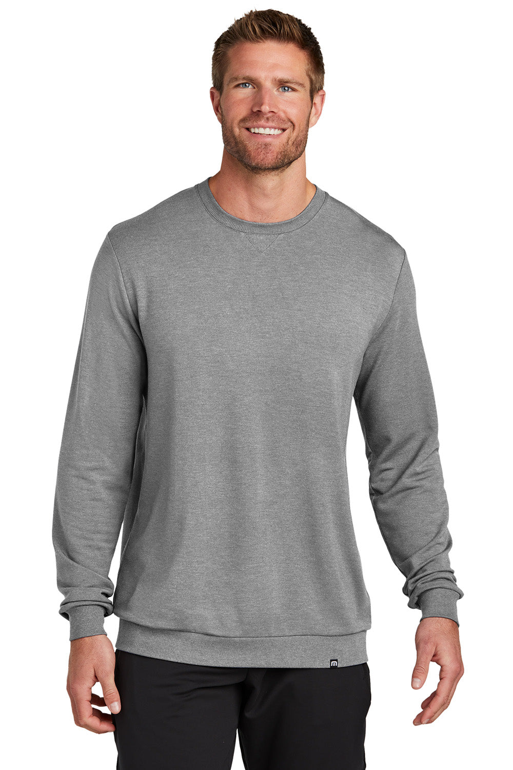 TravisMathew TM1MZ342 Mens Long Weekend Crewneck Sweatshirt Heather Light Grey Model Front