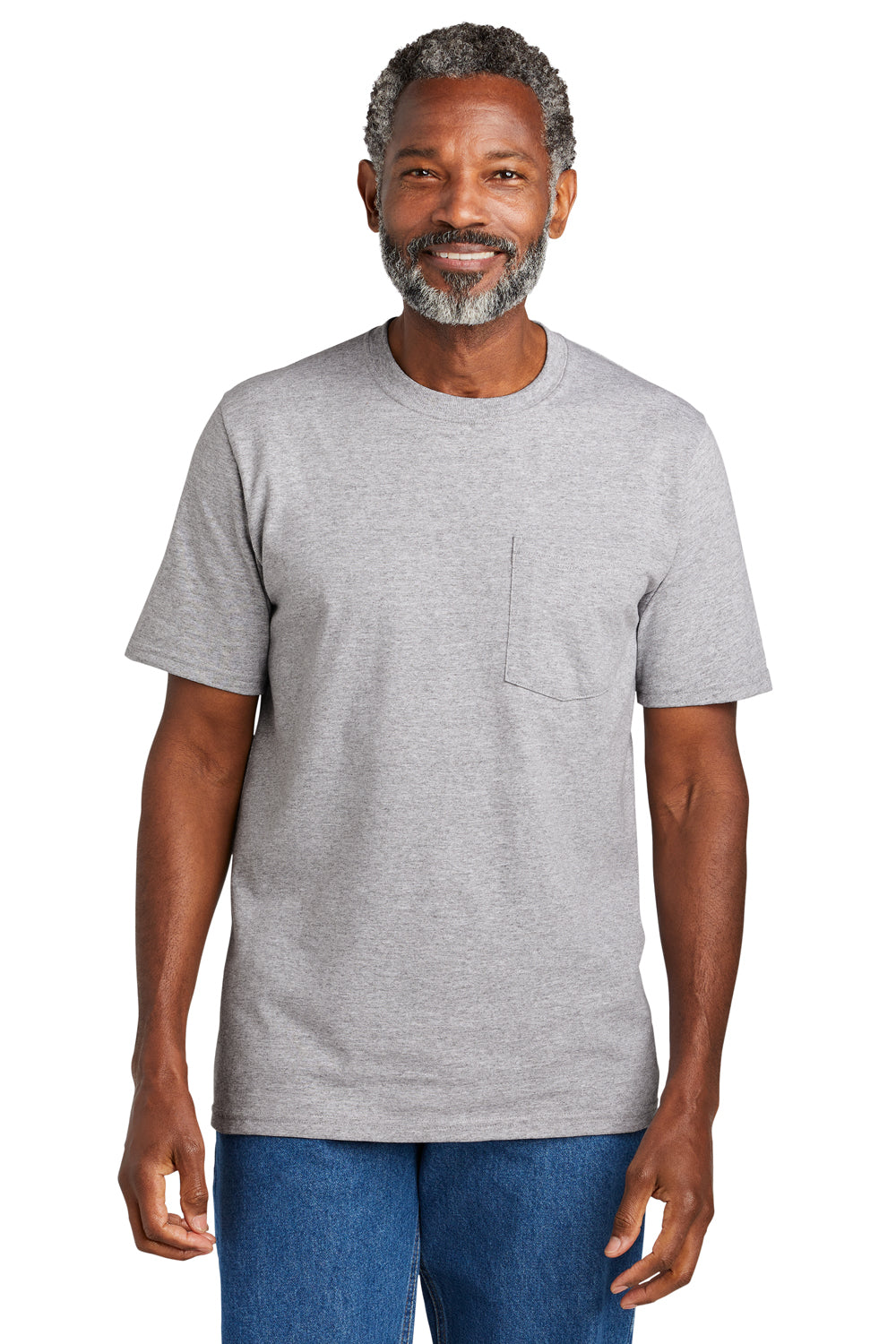 Volunteer Knitwear VL100P Mens USA Made All American Short Sleeve Crewneck T-Shirt w/ Pocket Heather Grey Model Front