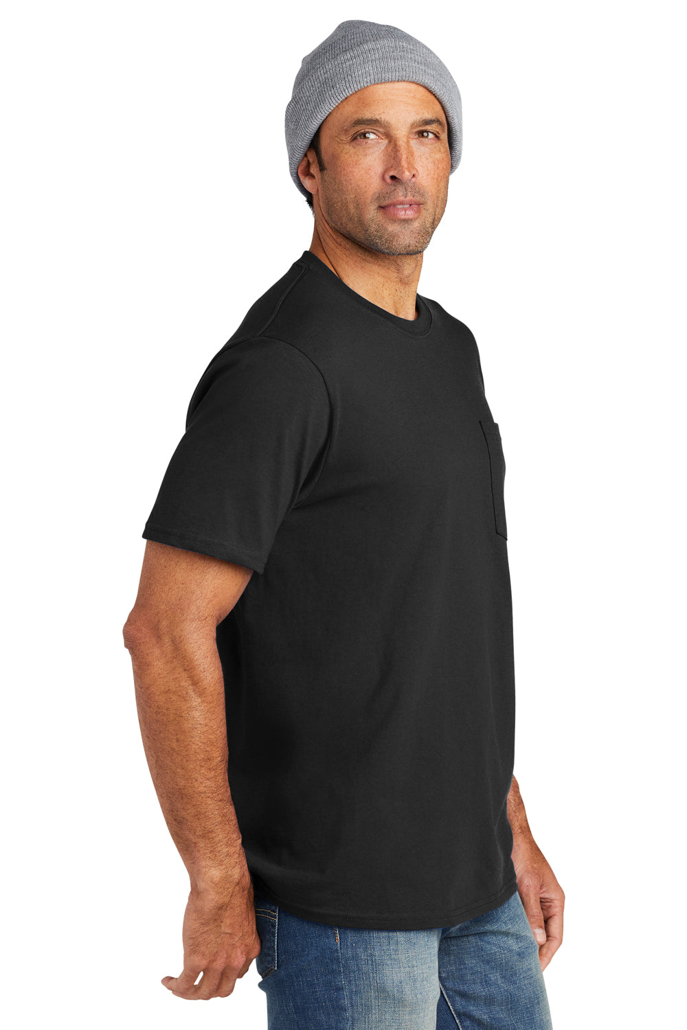 Volunteer Knitwear VL100P Mens USA Made All American Short Sleeve Crewneck T-Shirt w/ Pocket Deep Black Model Side