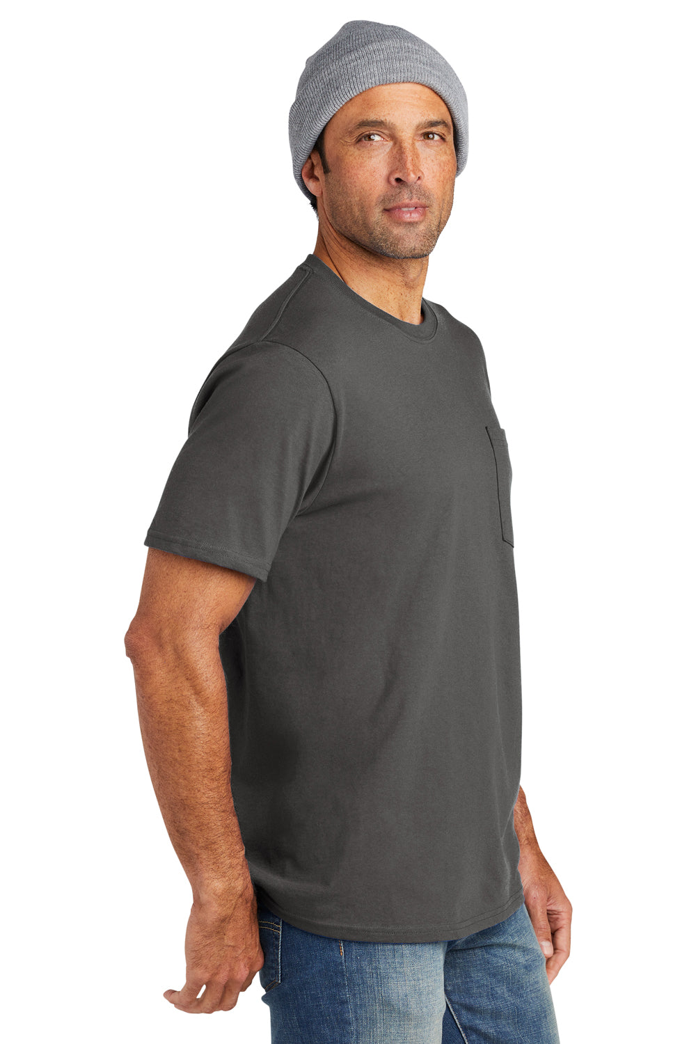 Volunteer Knitwear VL100P Mens USA Made All American Short Sleeve Crewneck T-Shirt w/ Pocket Steel Grey Model Side