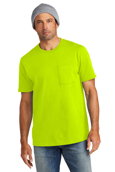 Volunteer Knitwear VL100P Mens USA Made All American Short Sleeve Crewneck T-Shirt w/ Pocket Safety Green Model Front