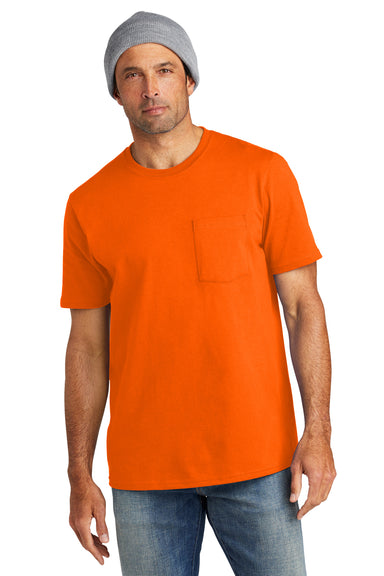 Volunteer Knitwear VL100P Mens USA Made All American Short Sleeve Crewneck T-Shirt w/ Pocket Safety Orange Model Front