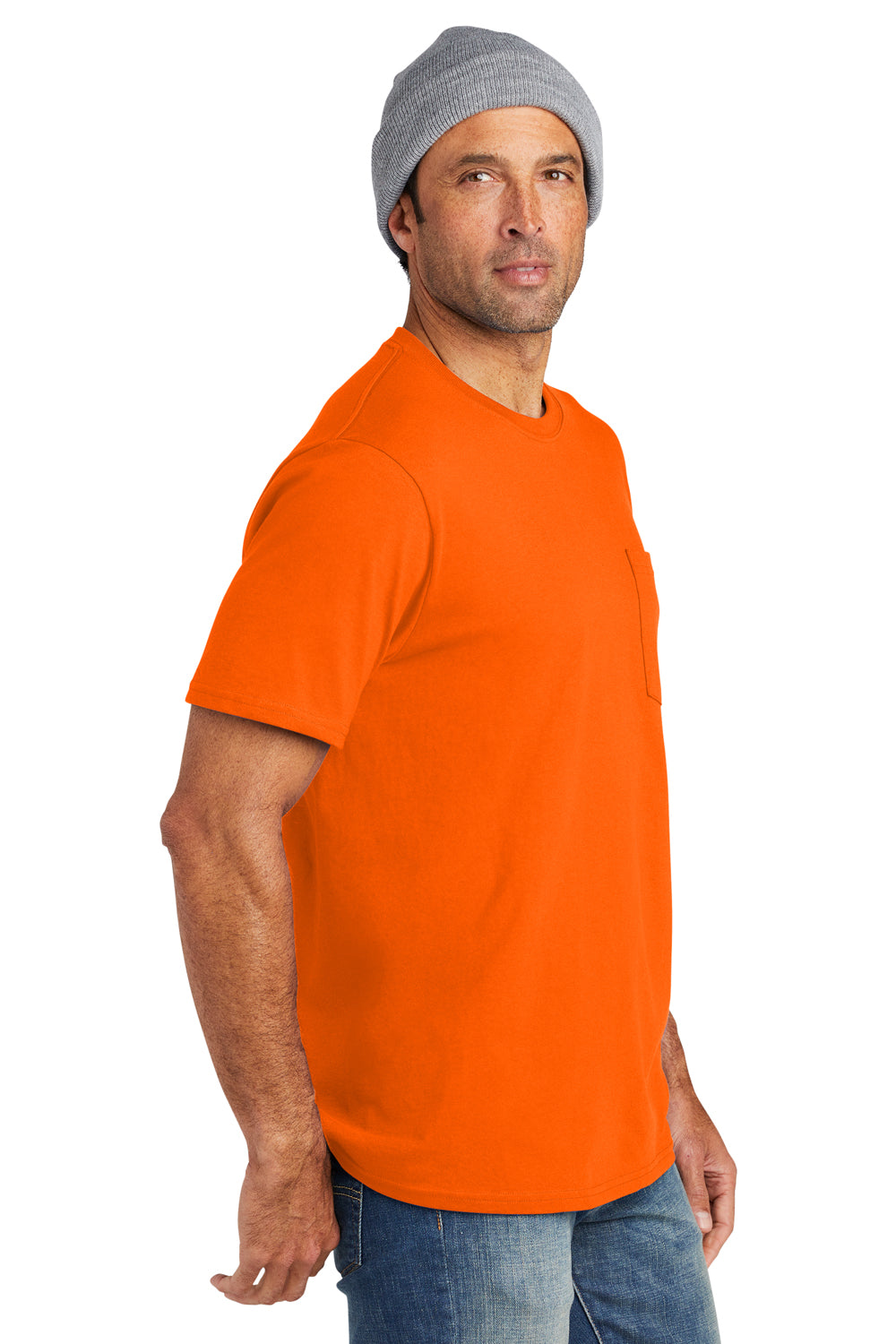 Volunteer Knitwear VL100P Mens USA Made All American Short Sleeve Crewneck T-Shirt w/ Pocket Safety Orange Model Side