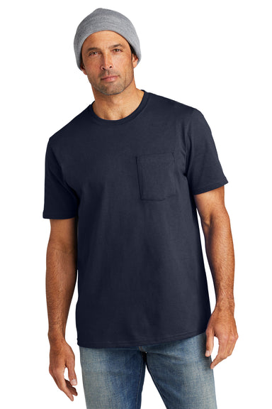 Volunteer Knitwear VL100P Mens USA Made All American Short Sleeve Crewneck T-Shirt w/ Pocket Strong Navy Blue Model Front