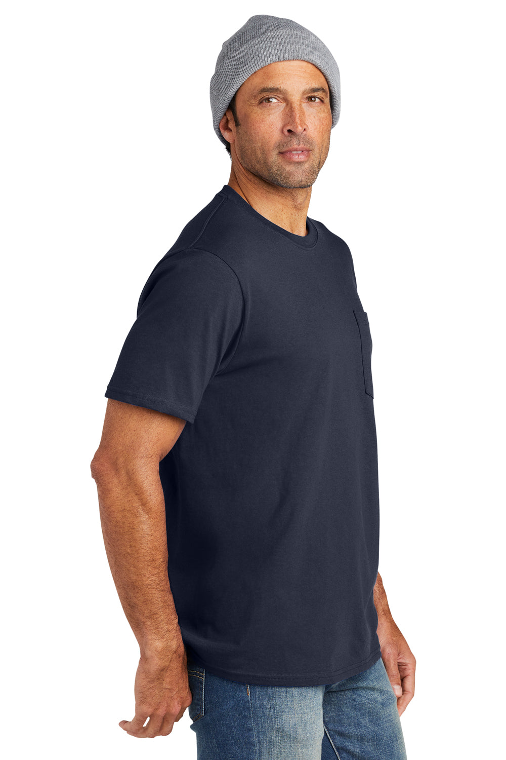 Volunteer Knitwear VL100P Mens USA Made All American Short Sleeve Crewneck T-Shirt w/ Pocket Strong Navy Blue Model Side