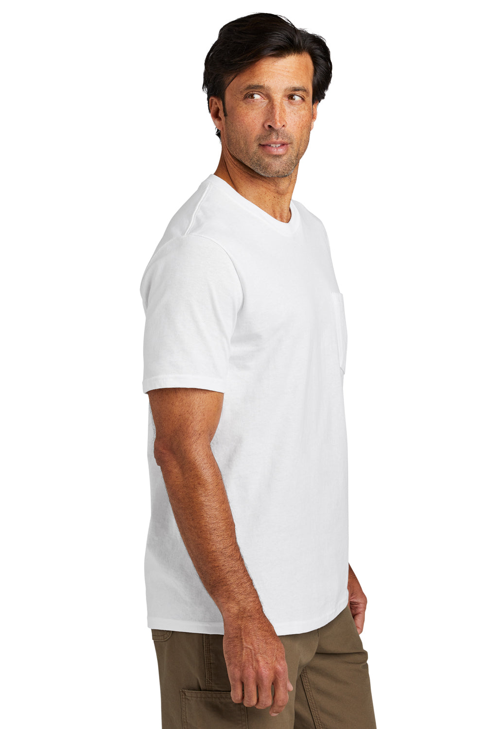 Volunteer Knitwear VL100P Mens USA Made All American Short Sleeve Crewneck T-Shirt w/ Pocket White Model Side