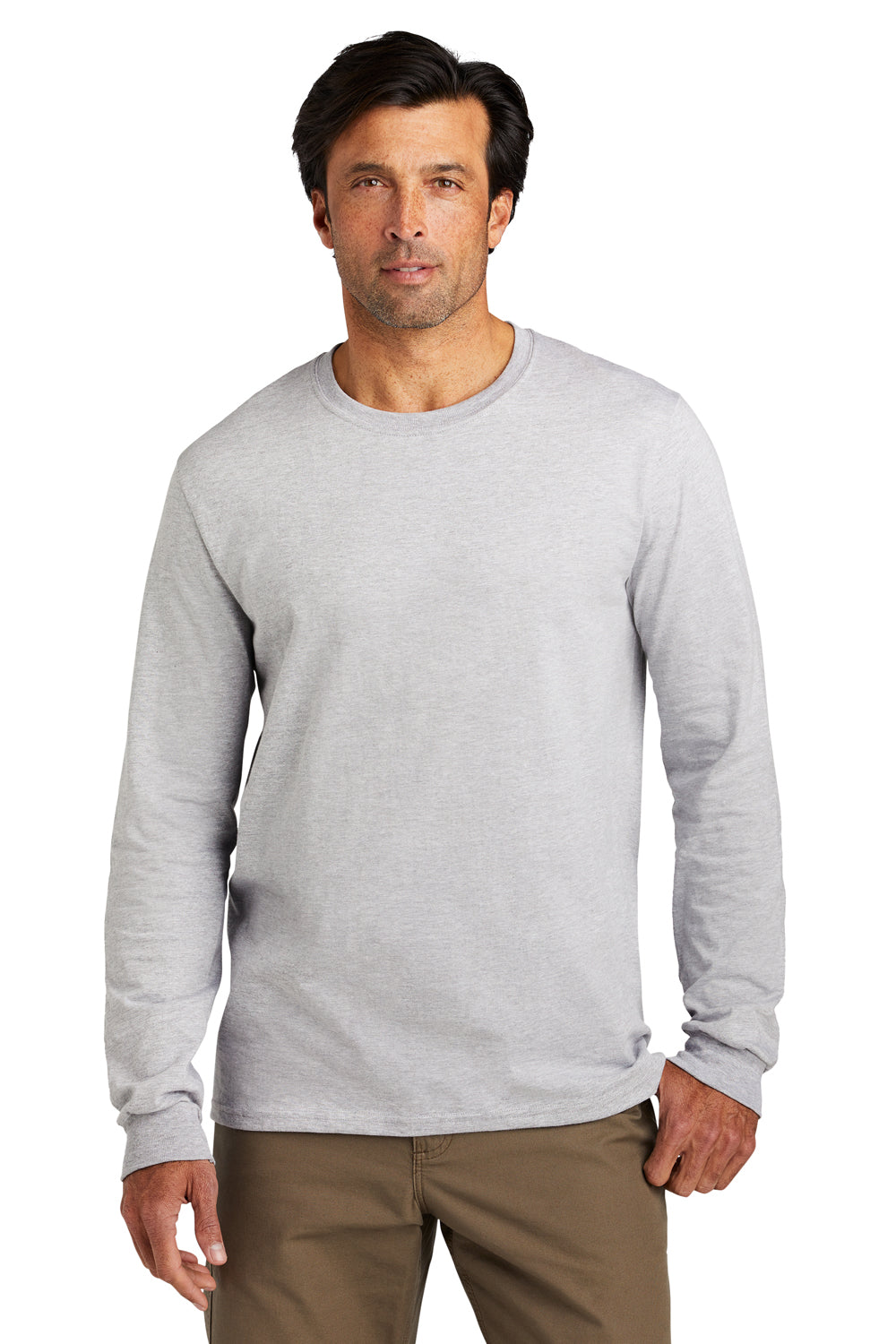 Volunteer Knitwear VL60LS Mens USA Made Chore Long Sleeve Crewneck T-Shirt Heather Grey Model Front