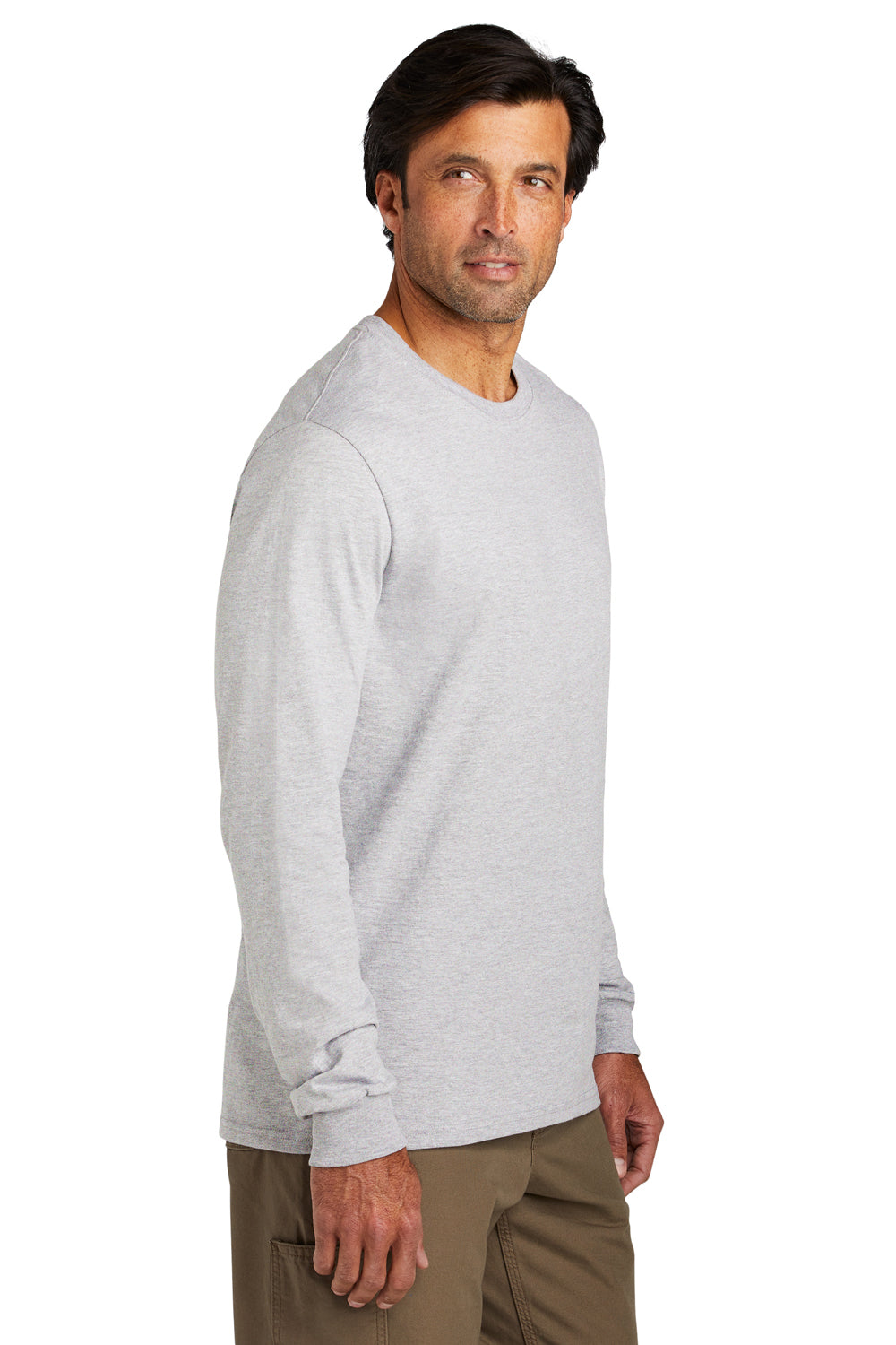 Volunteer Knitwear VL60LS Mens USA Made Chore Long Sleeve Crewneck T-Shirt Heather Grey Model Side