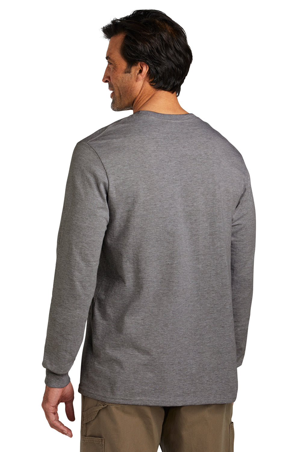 Volunteer Knitwear VL60LS Mens USA Made Chore Long Sleeve Crewneck T-Shirt Heather Dark Grey Model Back