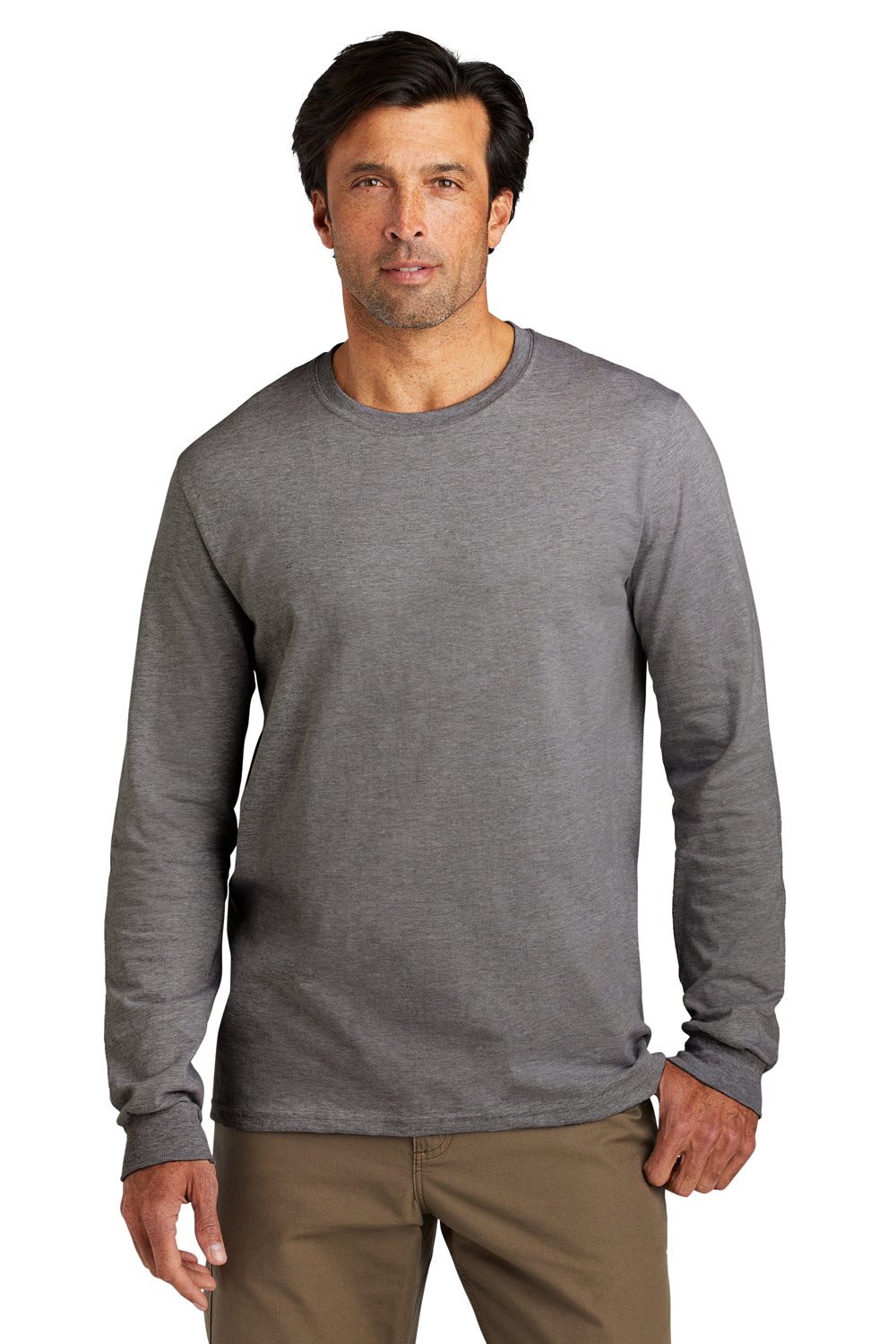 Volunteer Knitwear VL60LS Mens USA Made Chore Long Sleeve Crewneck T-Shirt Heather Dark Grey Model Front