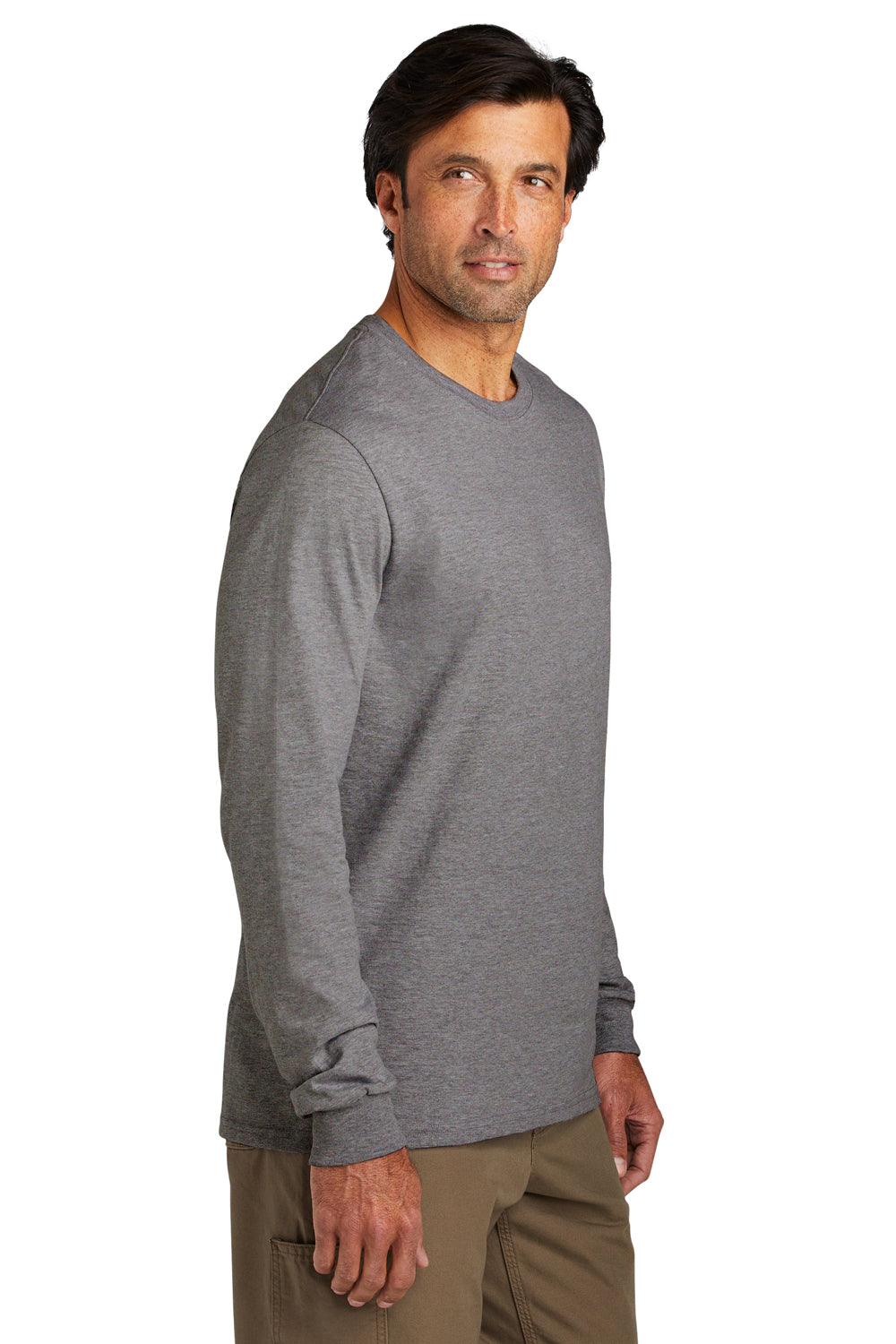 Volunteer Knitwear VL60LS Mens USA Made Chore Long Sleeve Crewneck T-Shirt Heather Dark Grey Model Side