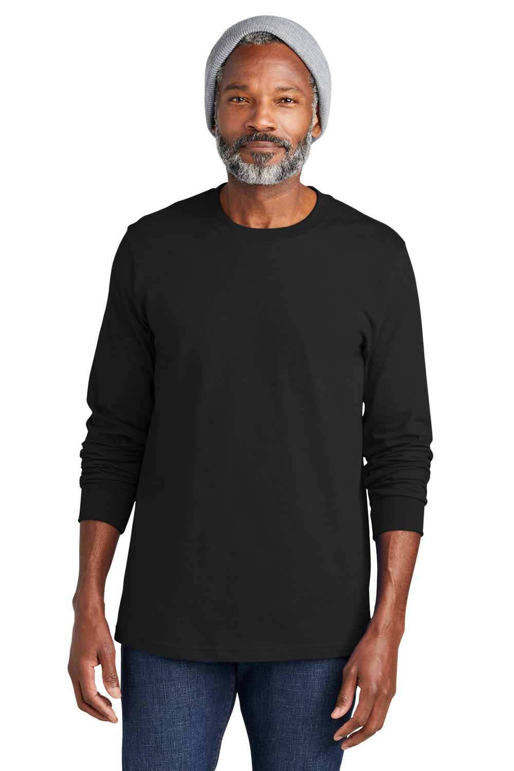 Volunteer Knitwear VL60LS Mens USA Made Chore Long Sleeve Crewneck T-Shirt Deep Black Model Front