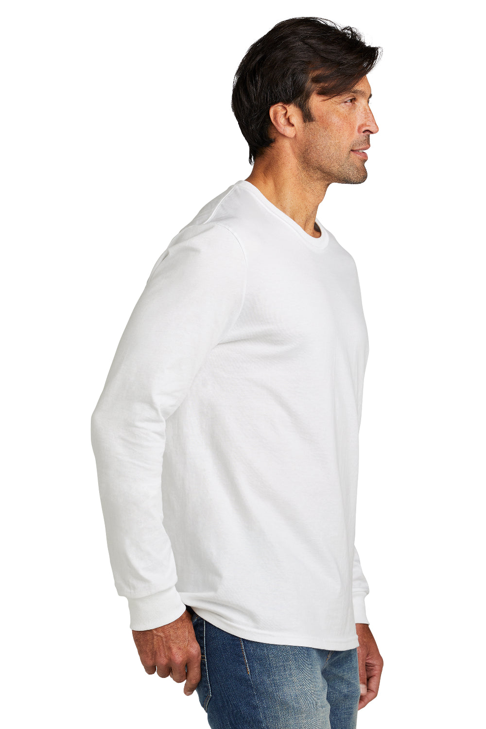 Volunteer Knitwear VL60LS Mens USA Made Chore Long Sleeve Crewneck T-Shirt White Model Side