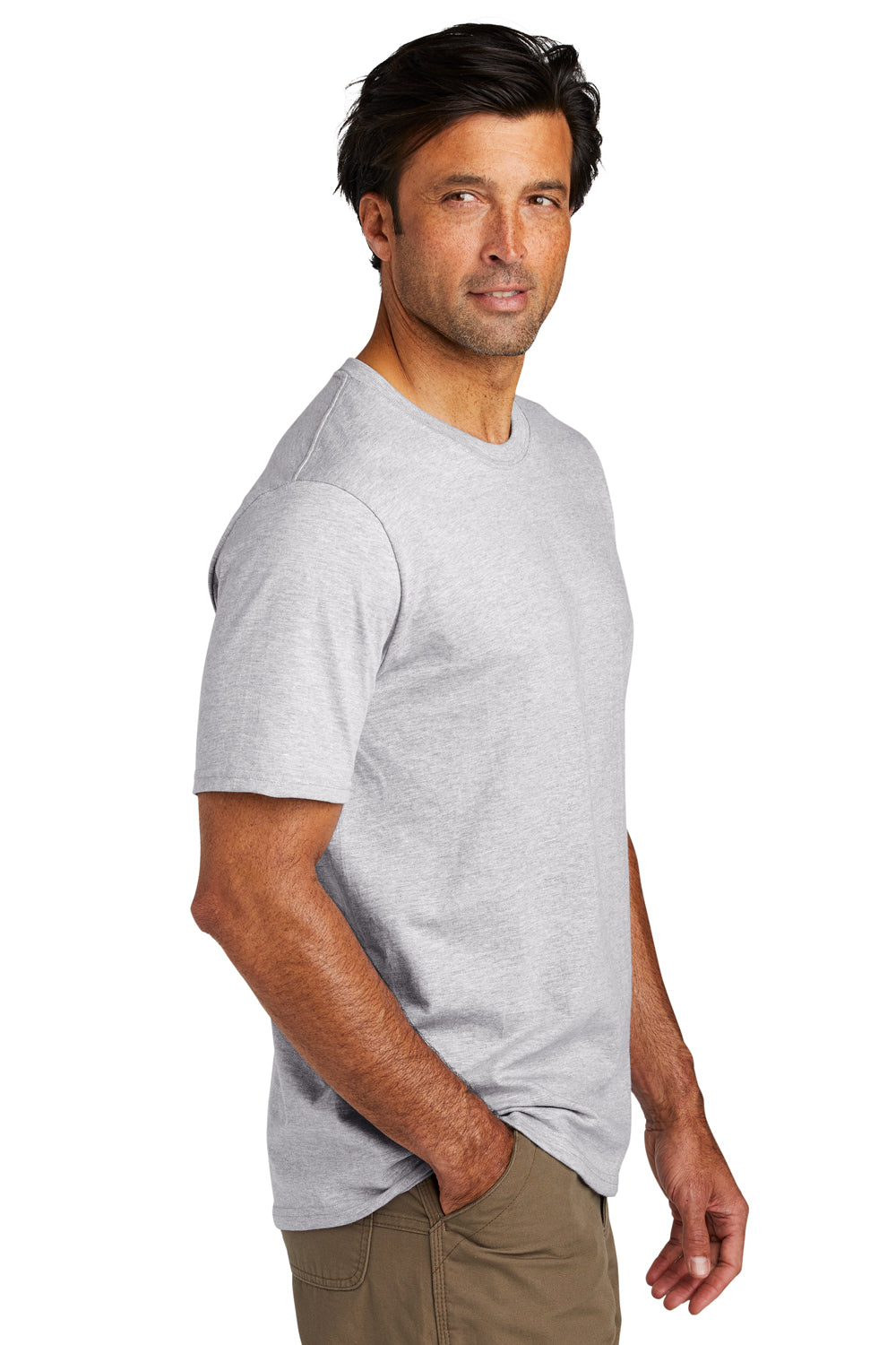 Volunteer Knitwear VL60 Mens USA Made Chore Short Sleeve Crewneck T-Shirt Heather Grey Model Side