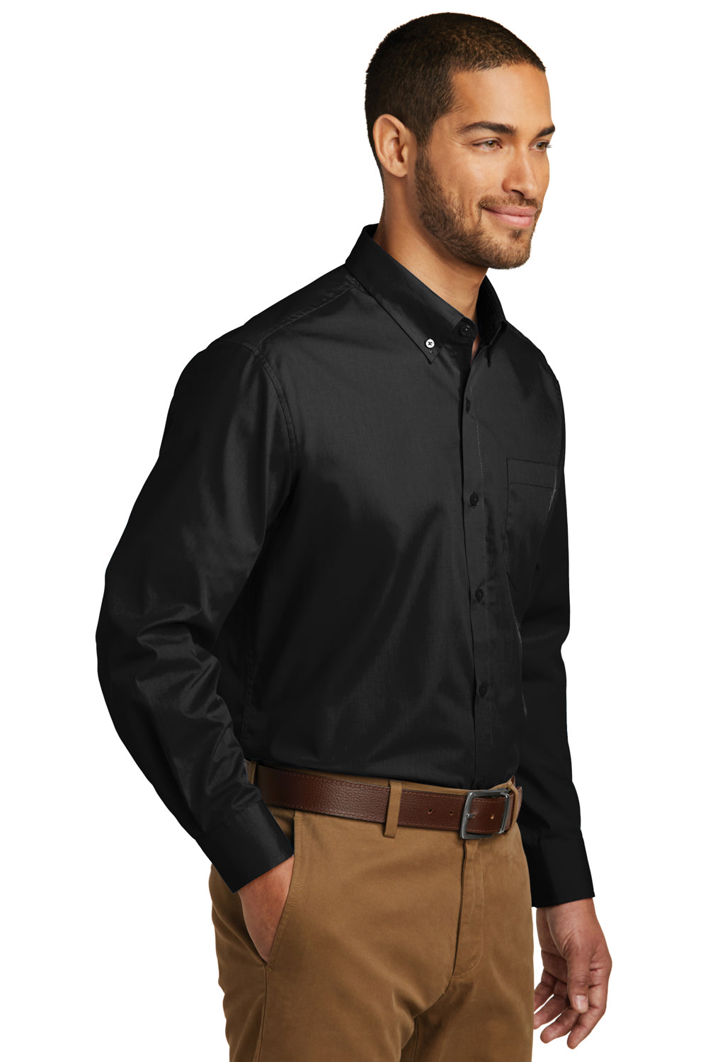 Port Authority W100/TW100 Mens Carefree Stain Resistant Long Sleeve Button Down Shirt w/ Pocket Deep Black Model 3q