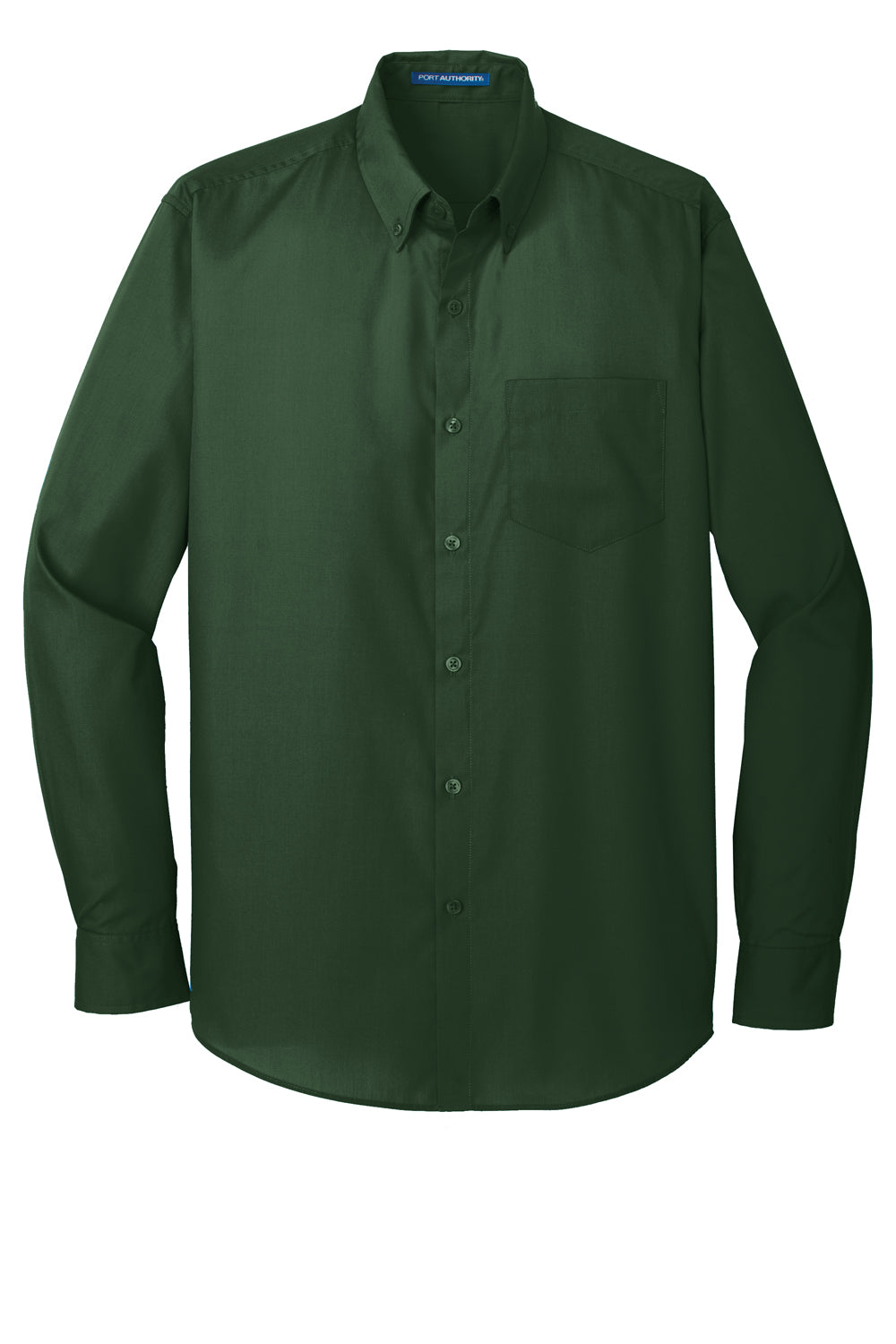 Port Authority W100/TW100 Mens Carefree Stain Resistant Long Sleeve Button Down Shirt w/ Pocket Deep Forest Green Flat Front