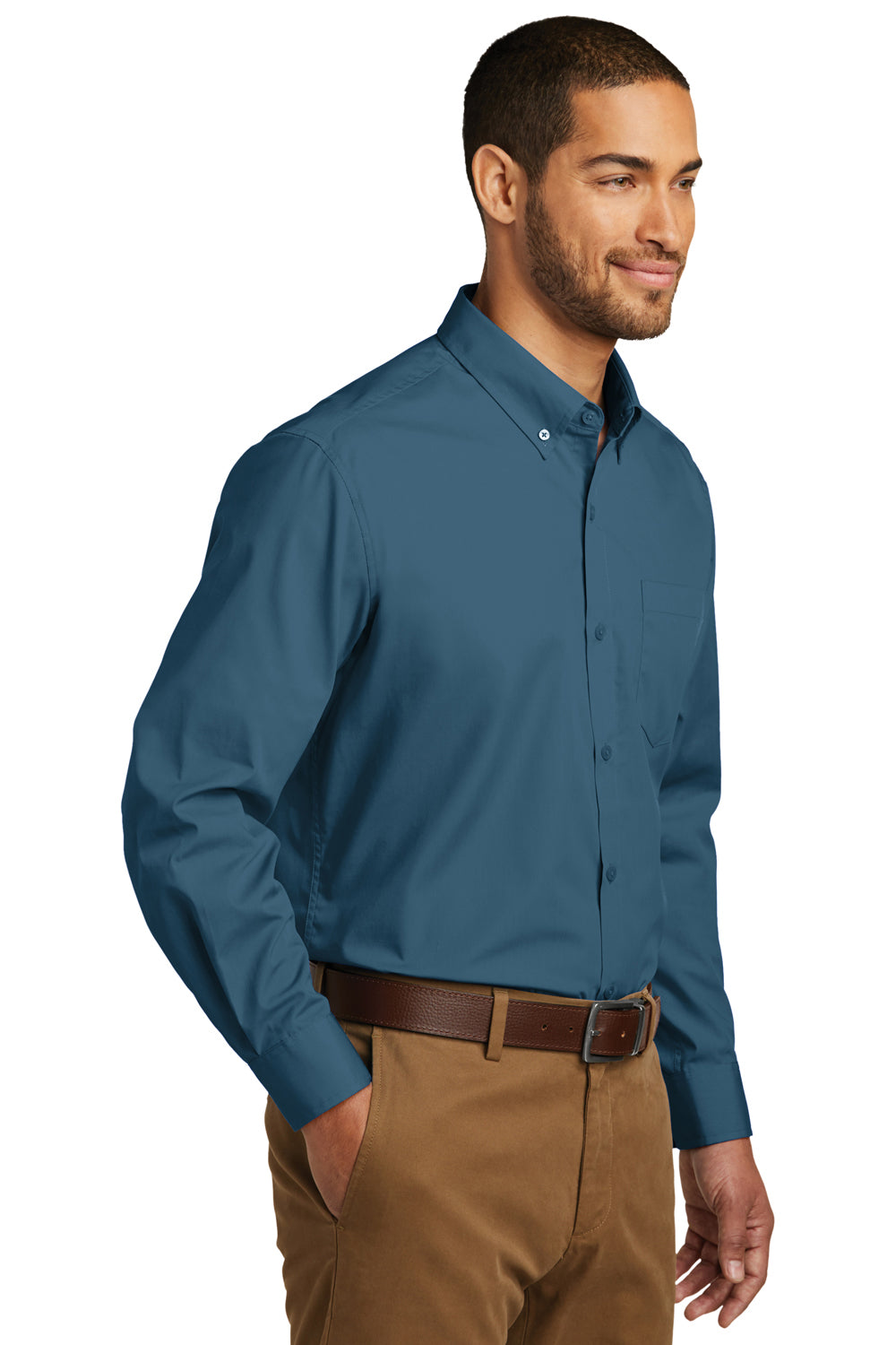 Port Authority W100/TW100 Mens Carefree Stain Resistant Long Sleeve Button Down Shirt w/ Pocket Dusty Blue Model 3q