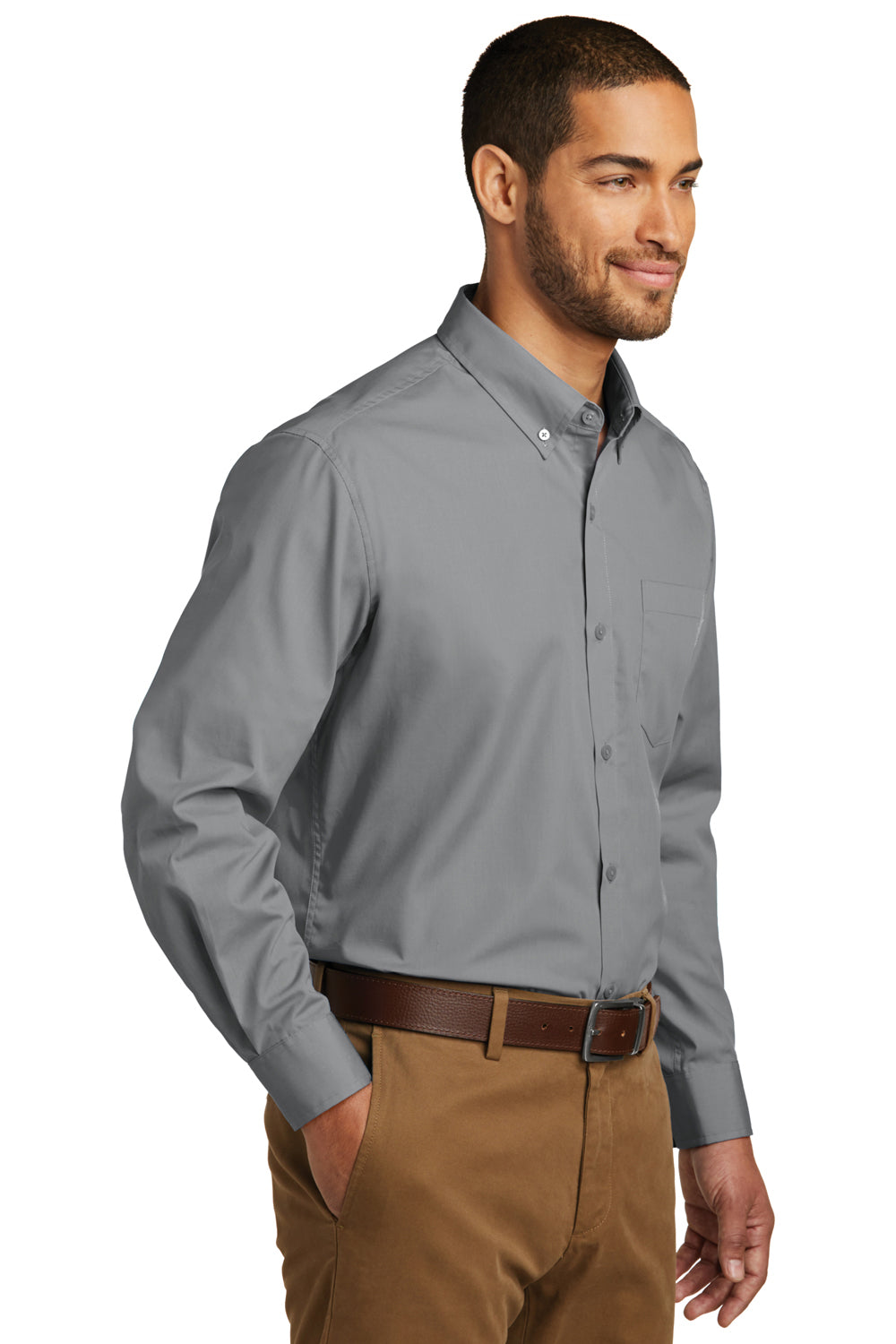 Port Authority W100/TW100 Mens Carefree Stain Resistant Long Sleeve Button Down Shirt w/ Pocket Gusty Grey Model 3q