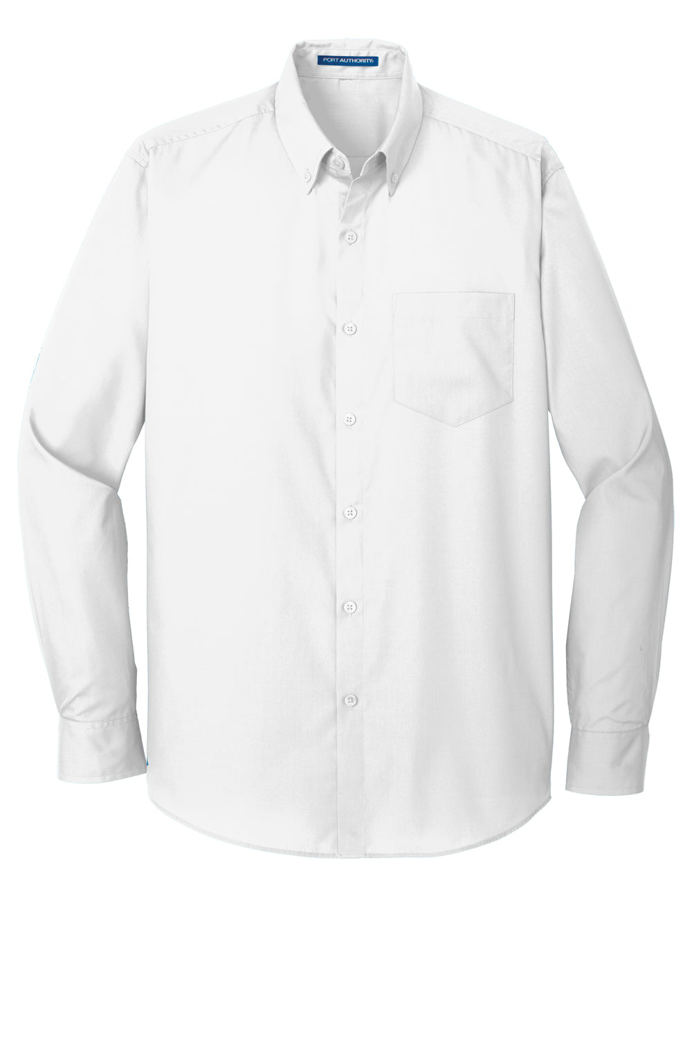 Port Authority W100/TW100 Mens Carefree Stain Resistant Long Sleeve Button Down Shirt w/ Pocket White Flat Front