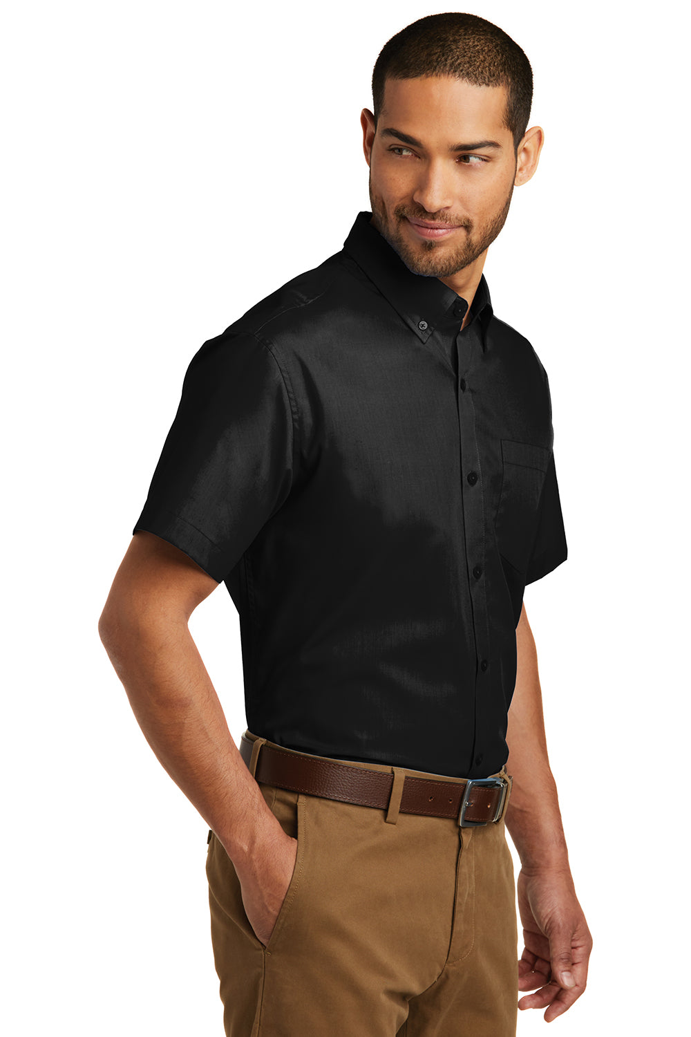 Port Authority W101 Mens Carefree Stain Resistant Short Sleeve Button Down Shirt w/ Pocket Deep Black Model 3q