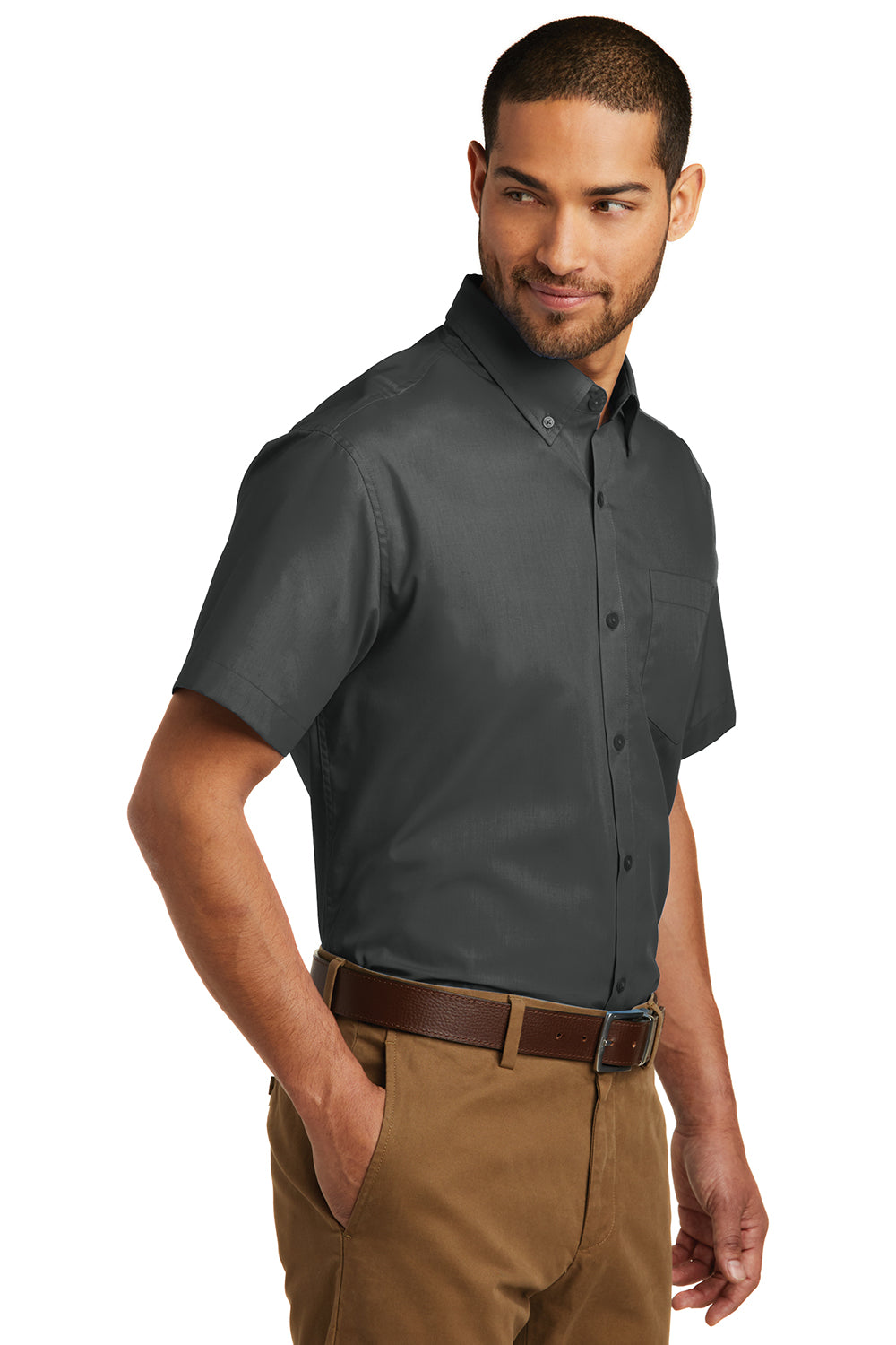 Port Authority W101 Mens Carefree Stain Resistant Short Sleeve Button Down Shirt w/ Pocket Graphite Grey Model 3q