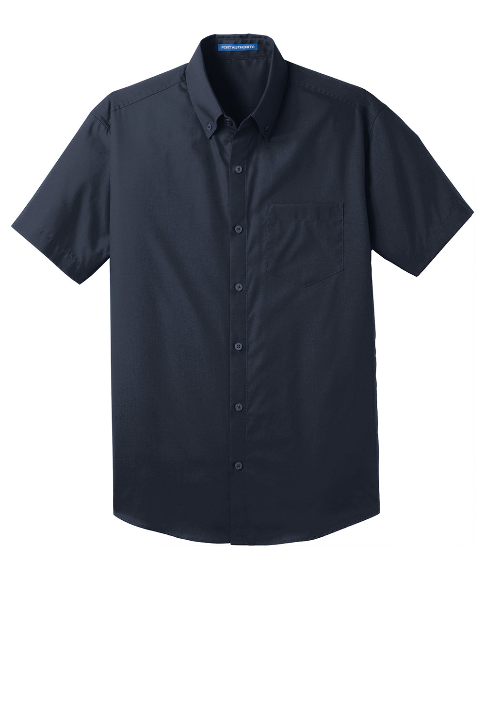 Port Authority W101 Mens Carefree Stain Resistant Short Sleeve Button Down Shirt w/ Pocket River Navy Blue Flat Front