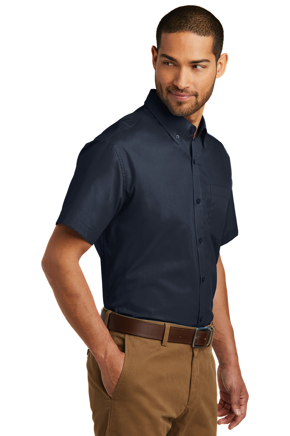 Port Authority W101 Mens Carefree Stain Resistant Short Sleeve Button Down Shirt w/ Pocket River Navy Blue Model 3q