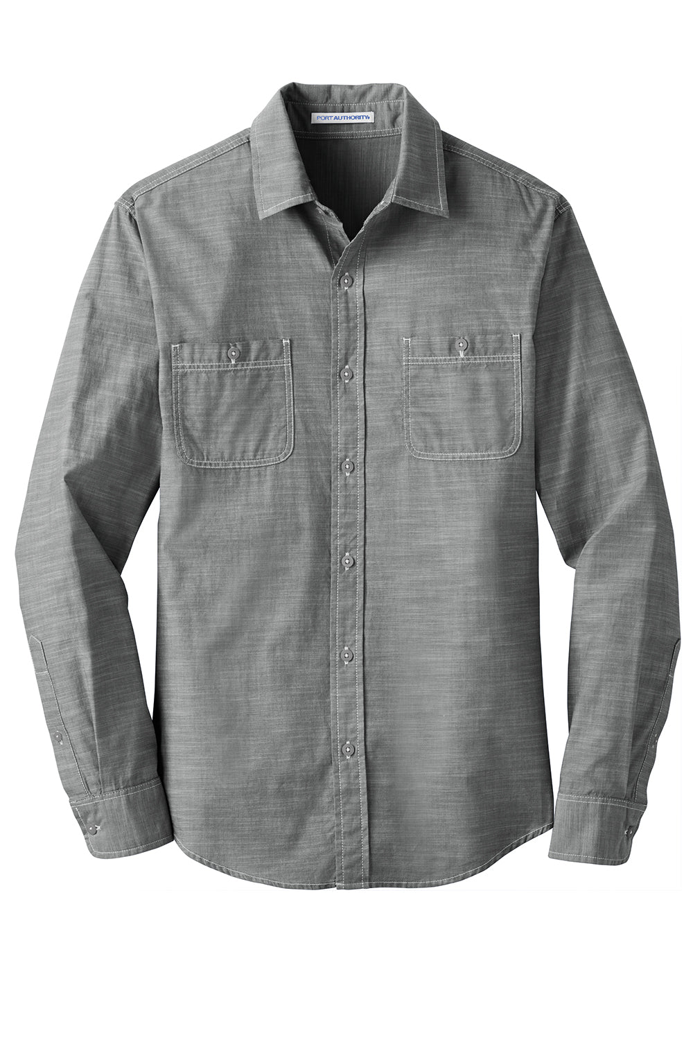 Port Authority W380 Mens Slub Chambray Long Sleeve Button Down Shirt w/ Double Pockets Grey Flat Front