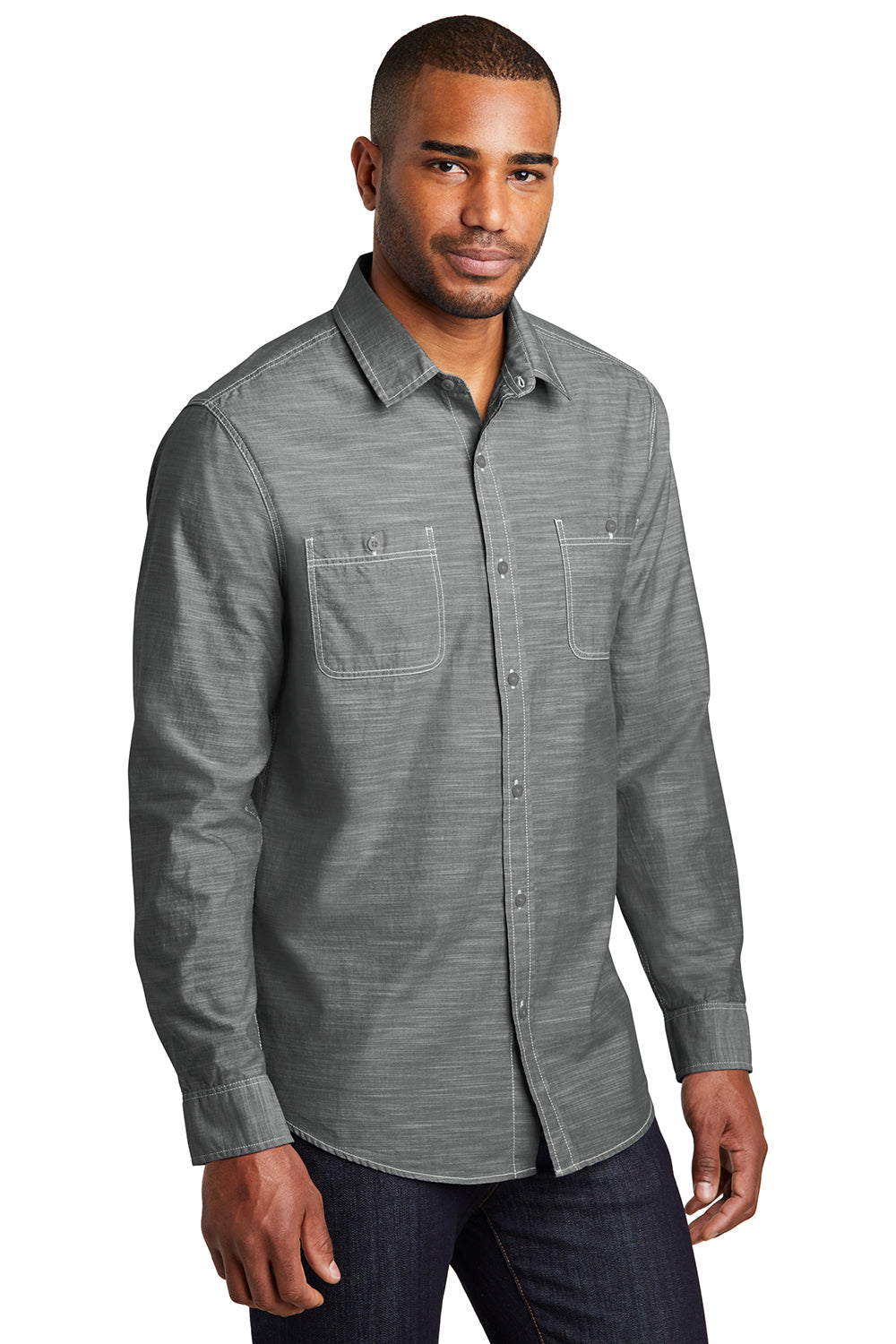 Port Authority W380 Mens Slub Chambray Long Sleeve Button Down Shirt w/ Double Pockets Grey Model 3q