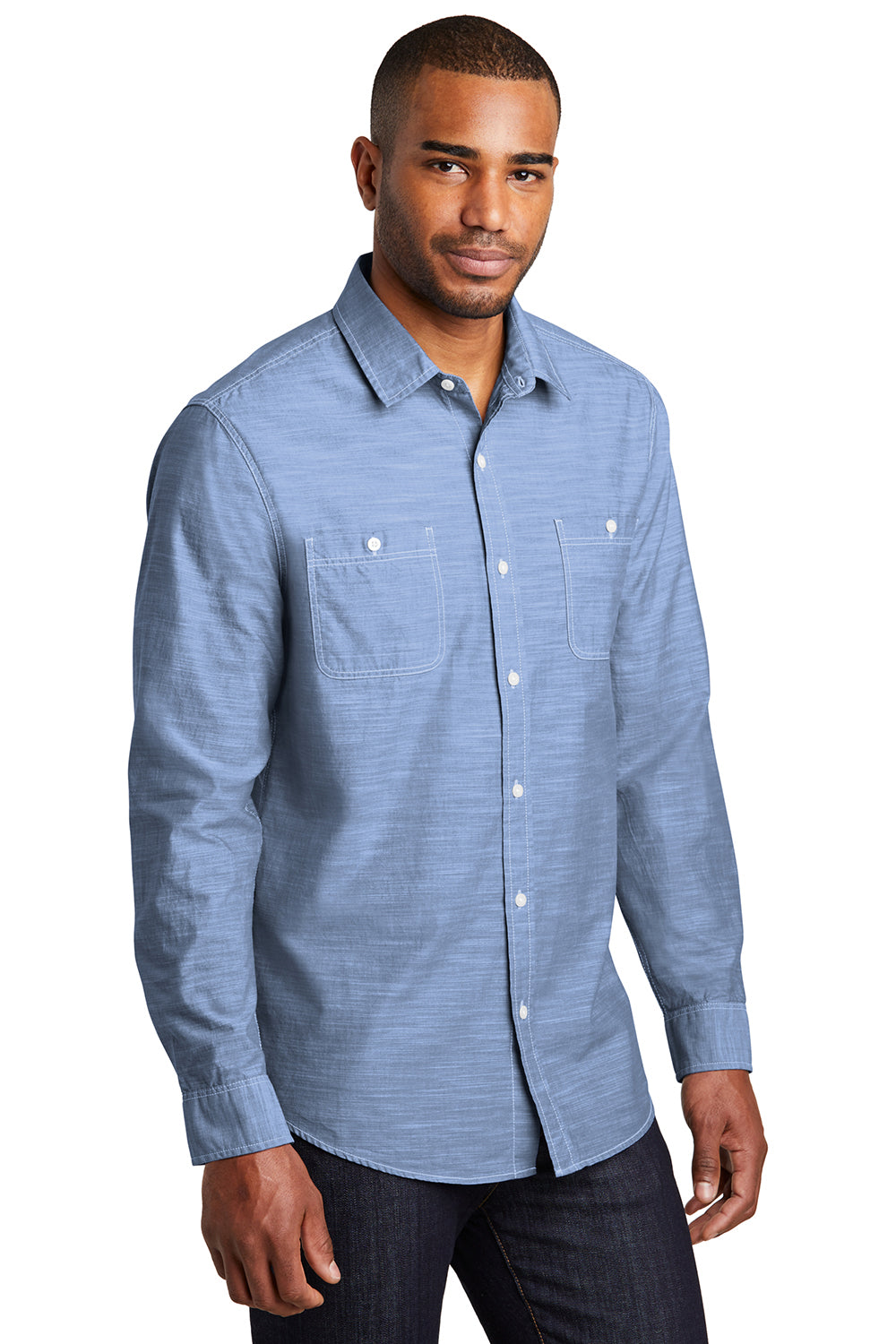 Port Authority W380 Mens Slub Chambray Long Sleeve Button Down Shirt w/ Double Pockets Light Blue Model 3q