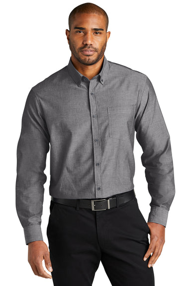 Port Authority W382 Mens Chambray Easy Care Long Sleeve Button Down Shirt w/ Pocket Deep Black Model Front