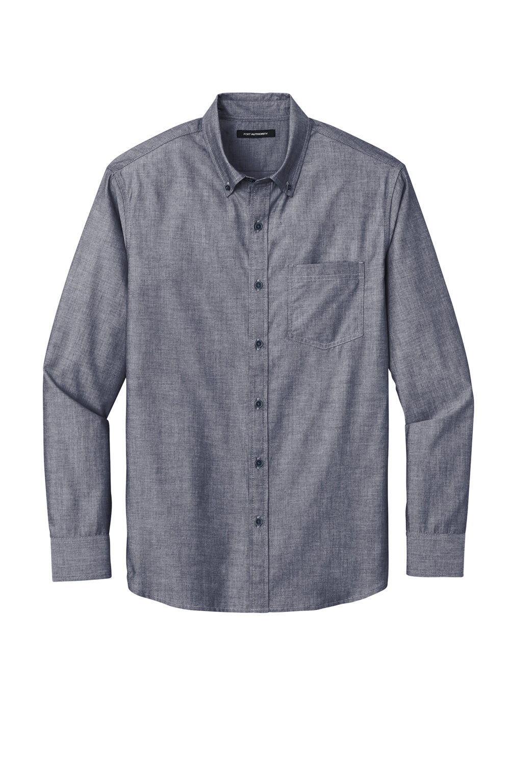 Port Authority W382 Mens Chambray Easy Care Long Sleeve Button Down Shirt w/ Pocket Estate Blue Flat Front