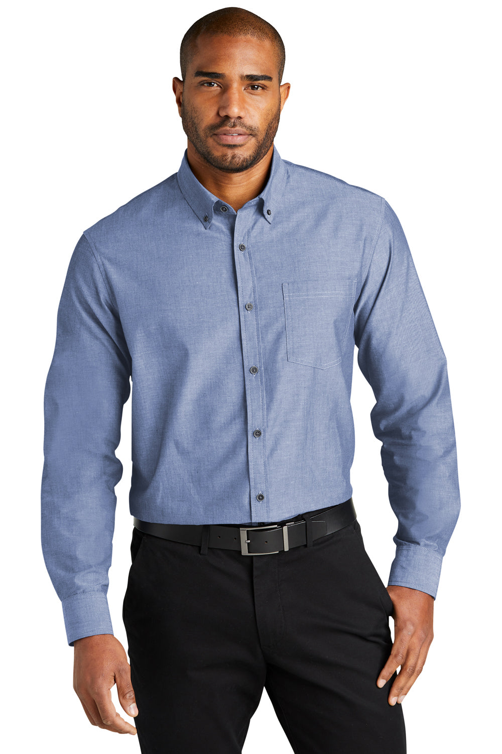 Port Authority W382 Mens Chambray Easy Care Long Sleeve Button Down Shirt w/ Pocket Moonlight Blue Model Front