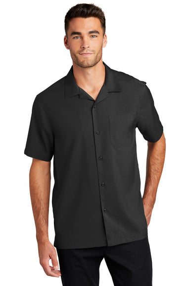 Port Authority W400 Mens Performance Moisture Wicking Short Sleeve Button Down Camp Shirt w/ Pocket Black Model Front