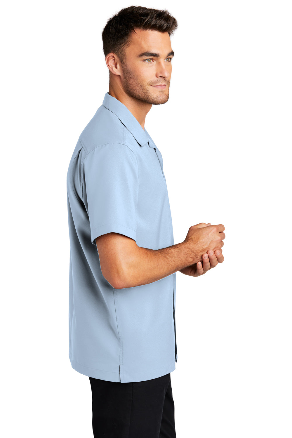 Port Authority W400 Mens Performance Moisture Wicking Short Sleeve Button Down Camp Shirt w/ Pocket Cloud Blue Model Side