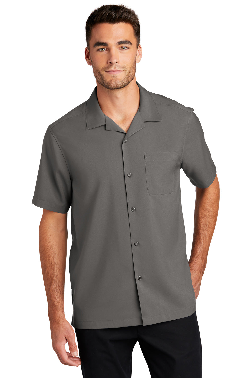 Port Authority W400 Mens Performance Moisture Wicking Short Sleeve Button Down Camp Shirt w/ Pocket Graphite Grey Model Front